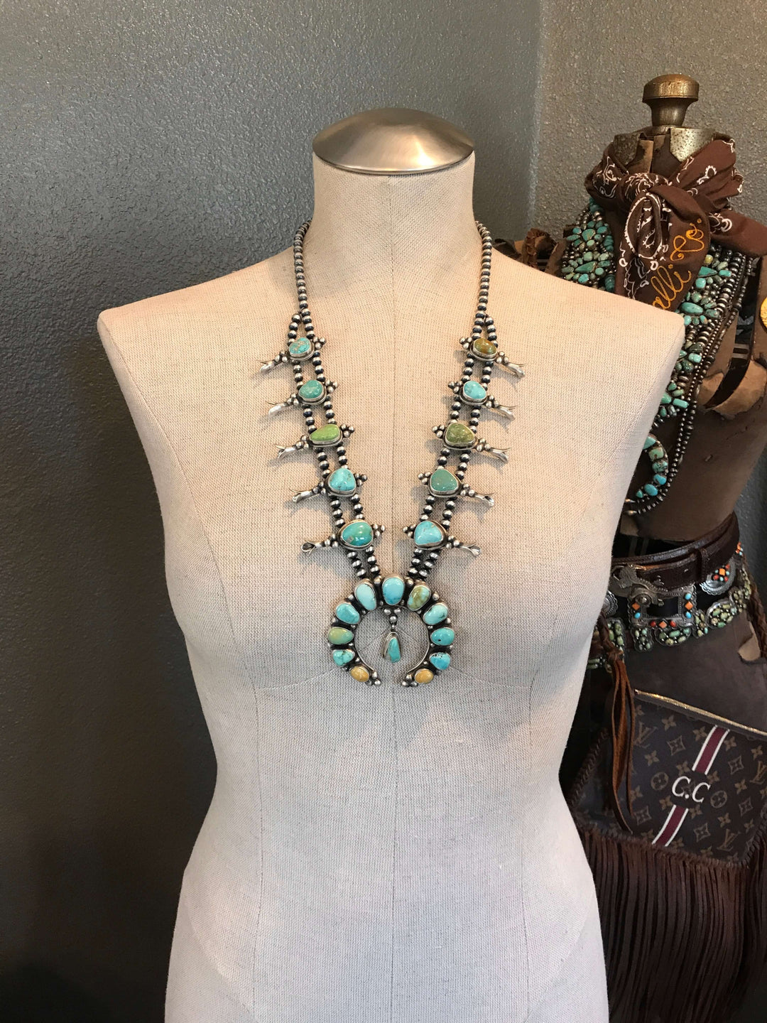 The Codee Turquoise Squash Blossom Necklace Set-Necklaces-Calli Co., Turquoise and Silver Jewelry, Native American Handmade, Zuni Tribe, Navajo Tribe, Brock Texas