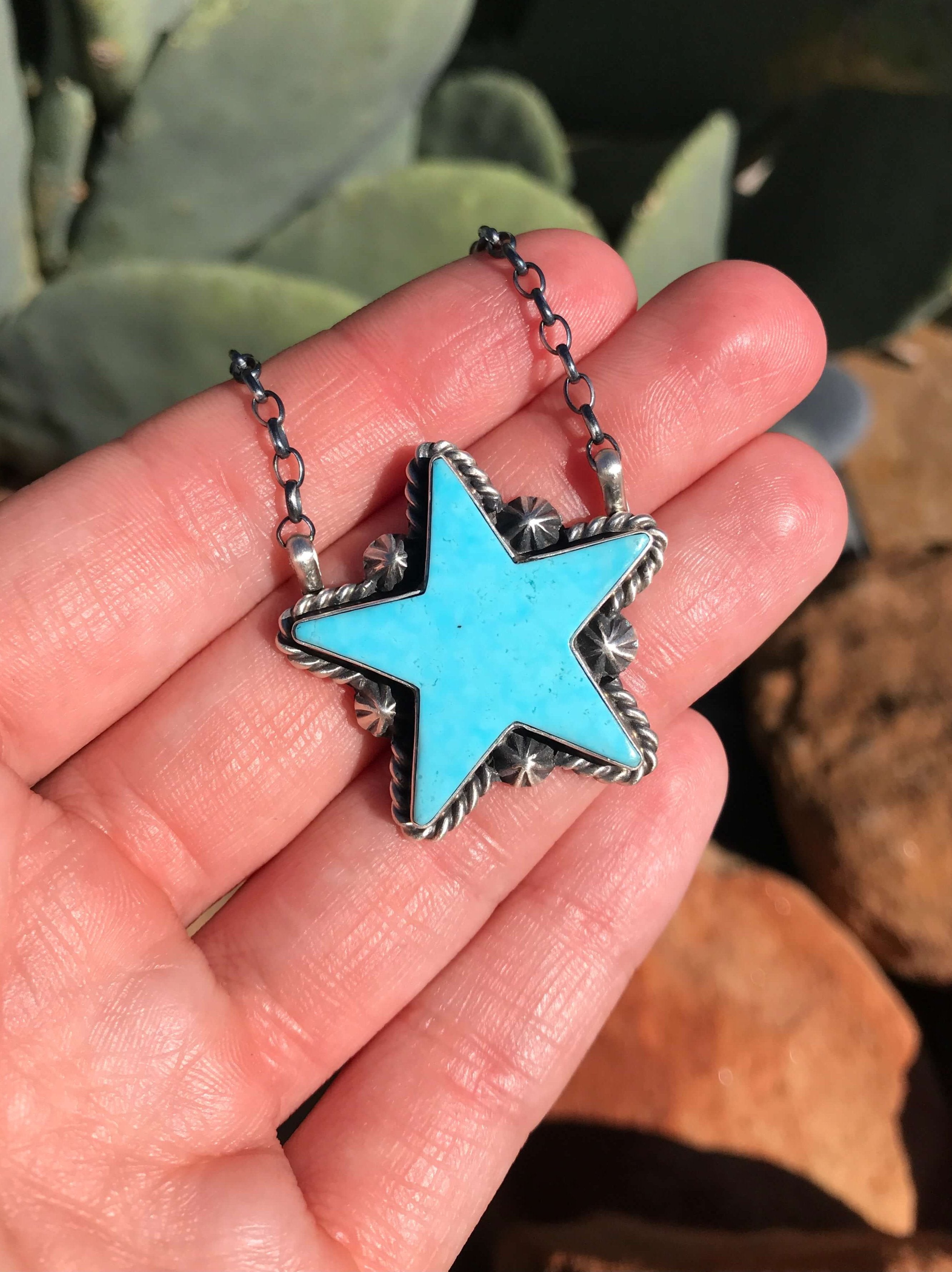 The Turquoise Star Necklace, 12-Necklaces-Calli Co., Turquoise and Silver Jewelry, Native American Handmade, Zuni Tribe, Navajo Tribe, Brock Texas