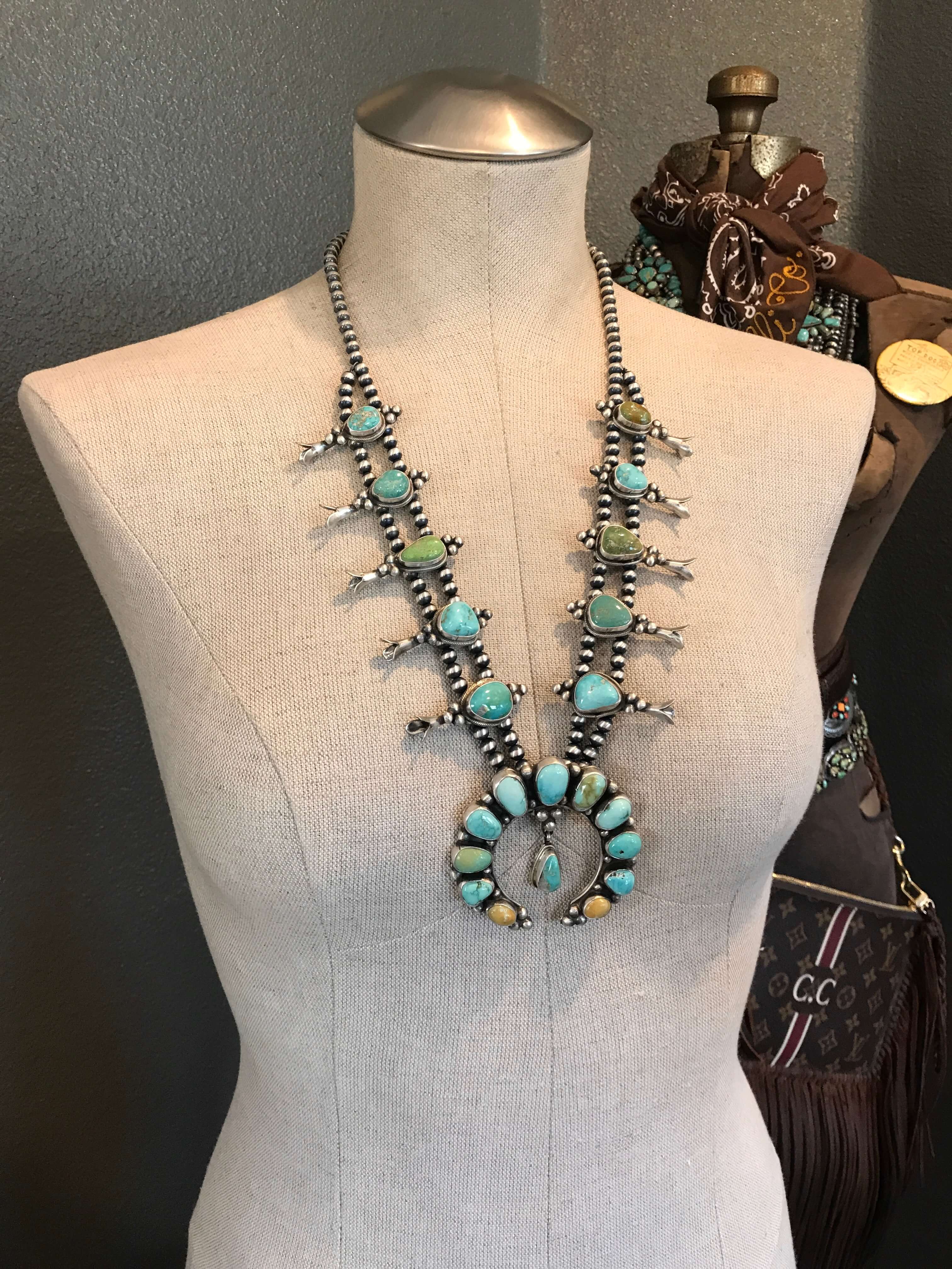 The Codee Turquoise Squash Blossom Necklace Set-Necklaces-Calli Co., Turquoise and Silver Jewelry, Native American Handmade, Zuni Tribe, Navajo Tribe, Brock Texas