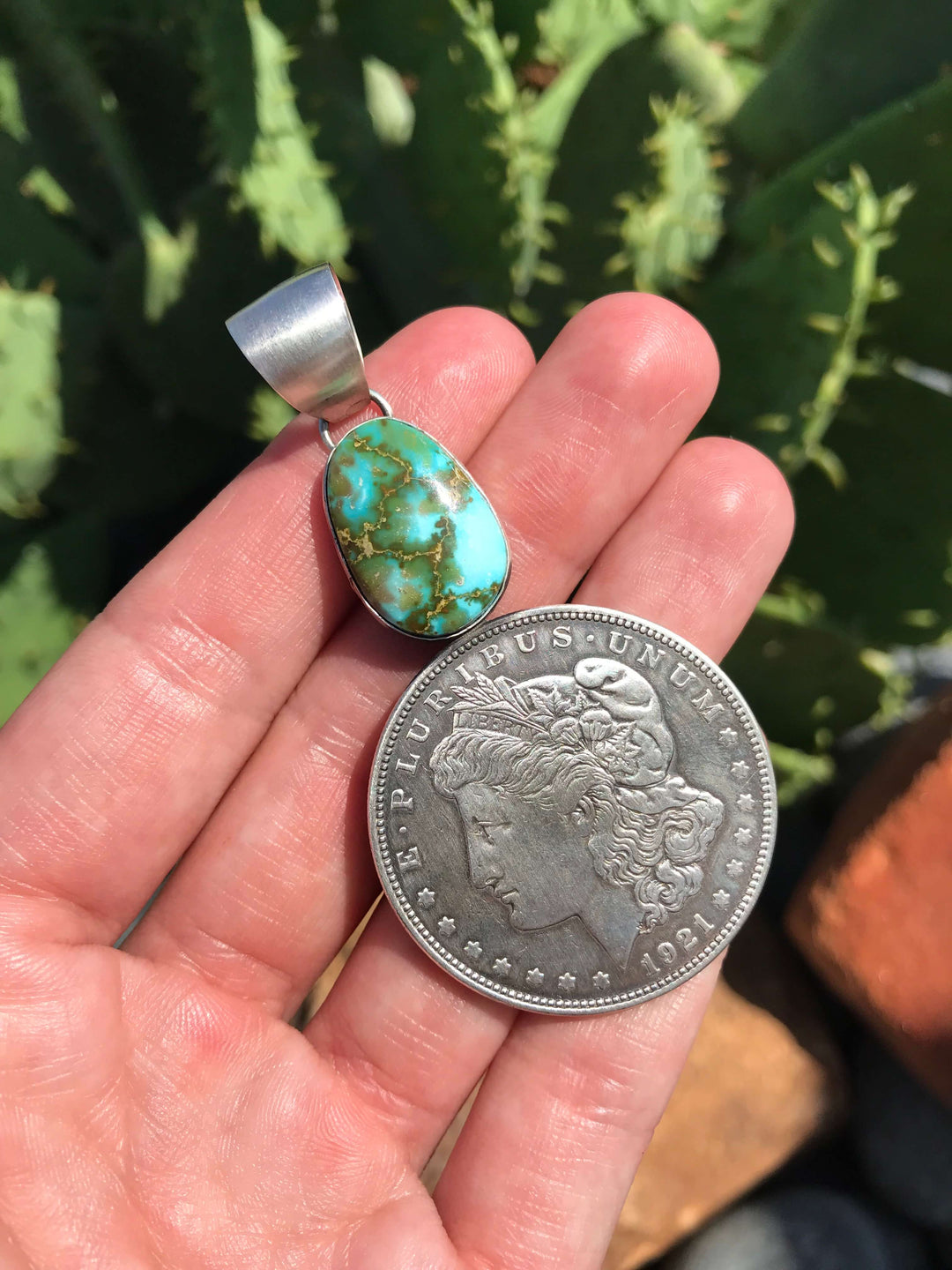 The Morgan Dollar Turquoise Pendant, 6-Pendants-Calli Co., Turquoise and Silver Jewelry, Native American Handmade, Zuni Tribe, Navajo Tribe, Brock Texas