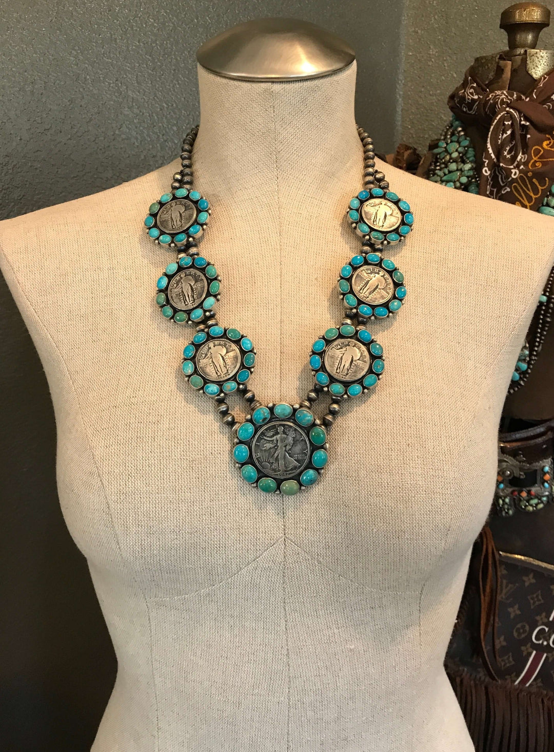 The Niko Turquoise + Vintage Coin Necklace Set-Necklaces-Calli Co., Turquoise and Silver Jewelry, Native American Handmade, Zuni Tribe, Navajo Tribe, Brock Texas