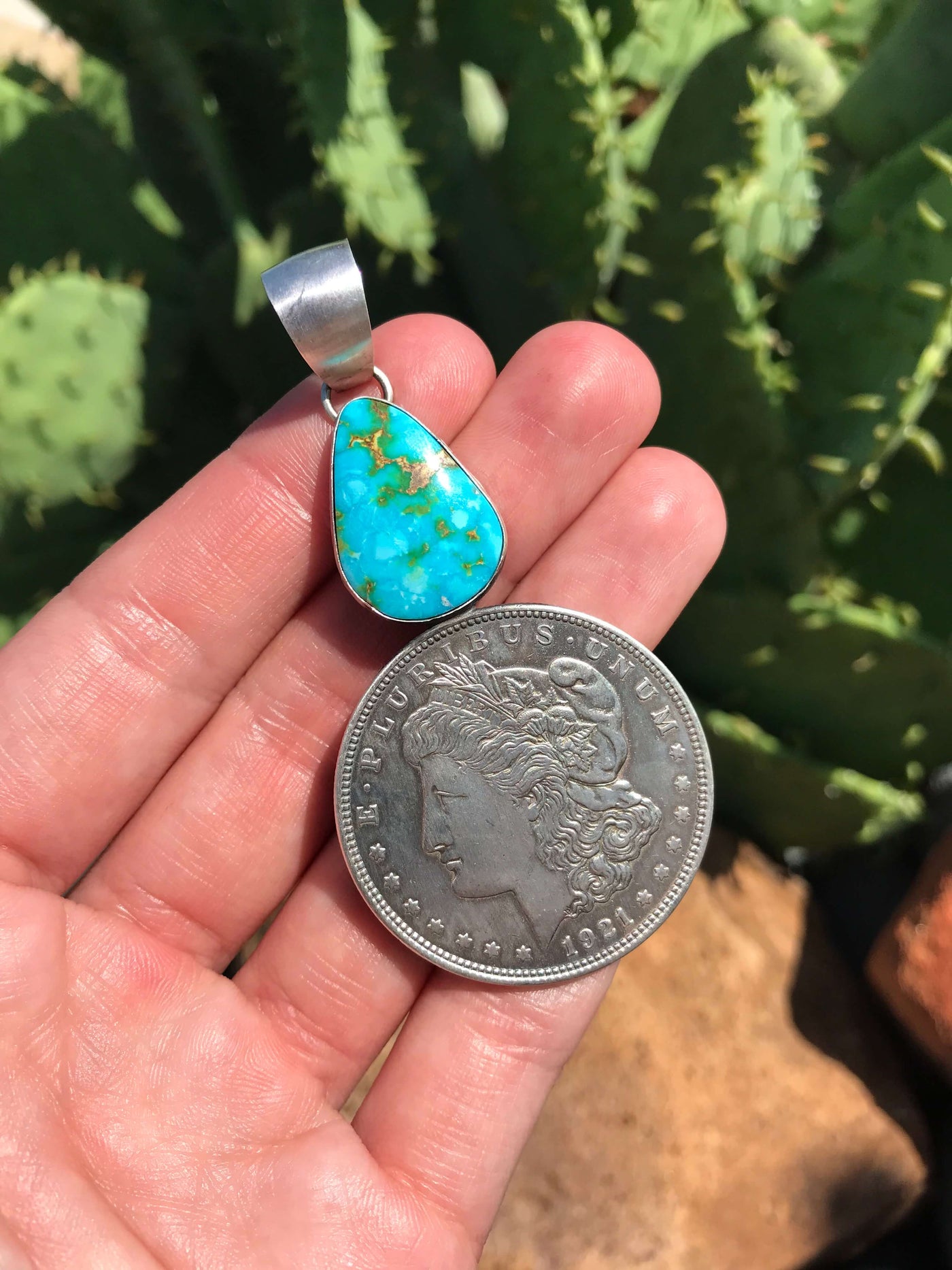 The Morgan Dollar Turquoise Pendant, 5-Pendants-Calli Co., Turquoise and Silver Jewelry, Native American Handmade, Zuni Tribe, Navajo Tribe, Brock Texas