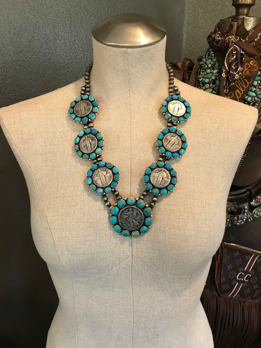 The Niko Turquoise + Vintage Coin Necklace Set-Necklaces-Calli Co., Turquoise and Silver Jewelry, Native American Handmade, Zuni Tribe, Navajo Tribe, Brock Texas
