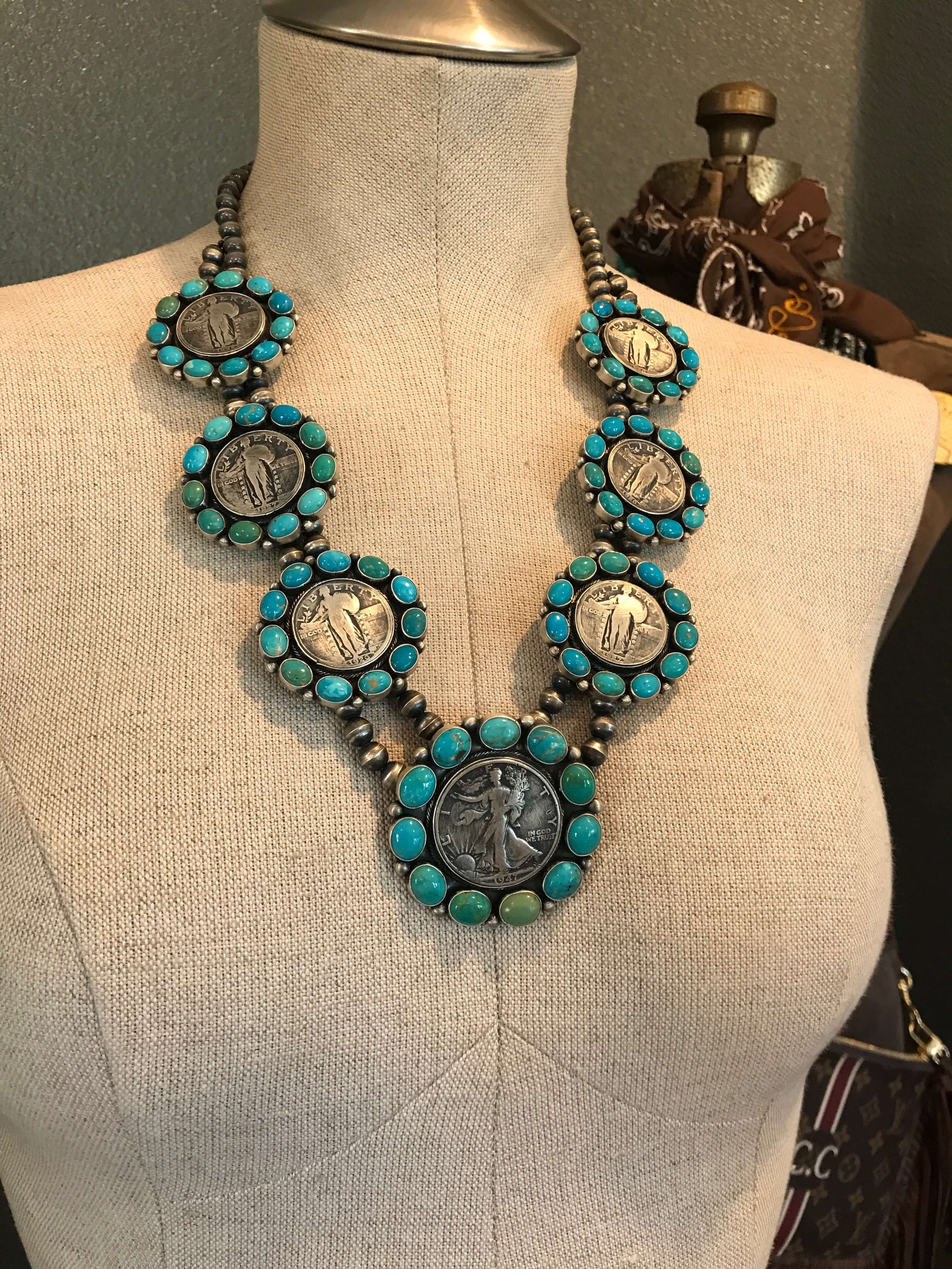 The Niko Turquoise + Vintage Coin Necklace Set-Necklaces-Calli Co., Turquoise and Silver Jewelry, Native American Handmade, Zuni Tribe, Navajo Tribe, Brock Texas