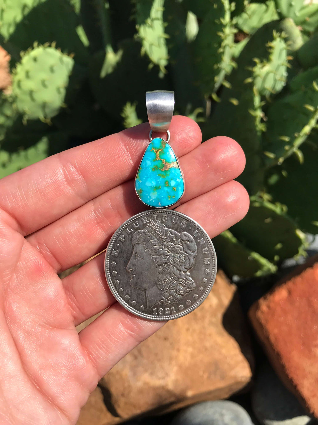 The Morgan Dollar Turquoise Pendant, 5-Pendants-Calli Co., Turquoise and Silver Jewelry, Native American Handmade, Zuni Tribe, Navajo Tribe, Brock Texas