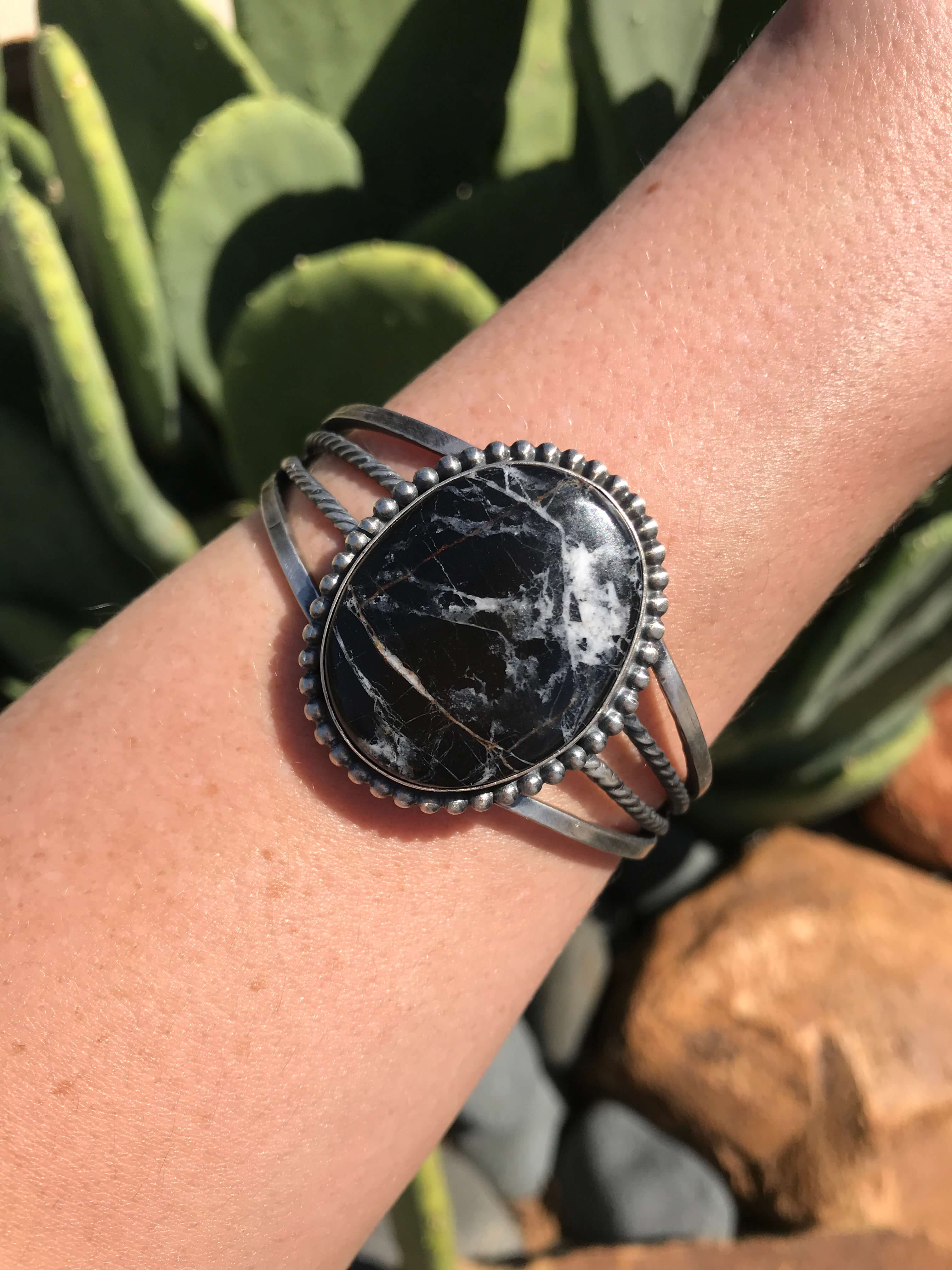 The Sonoita White Buffalo Cuff, 1-Bracelets & Cuffs-Calli Co., Turquoise and Silver Jewelry, Native American Handmade, Zuni Tribe, Navajo Tribe, Brock Texas