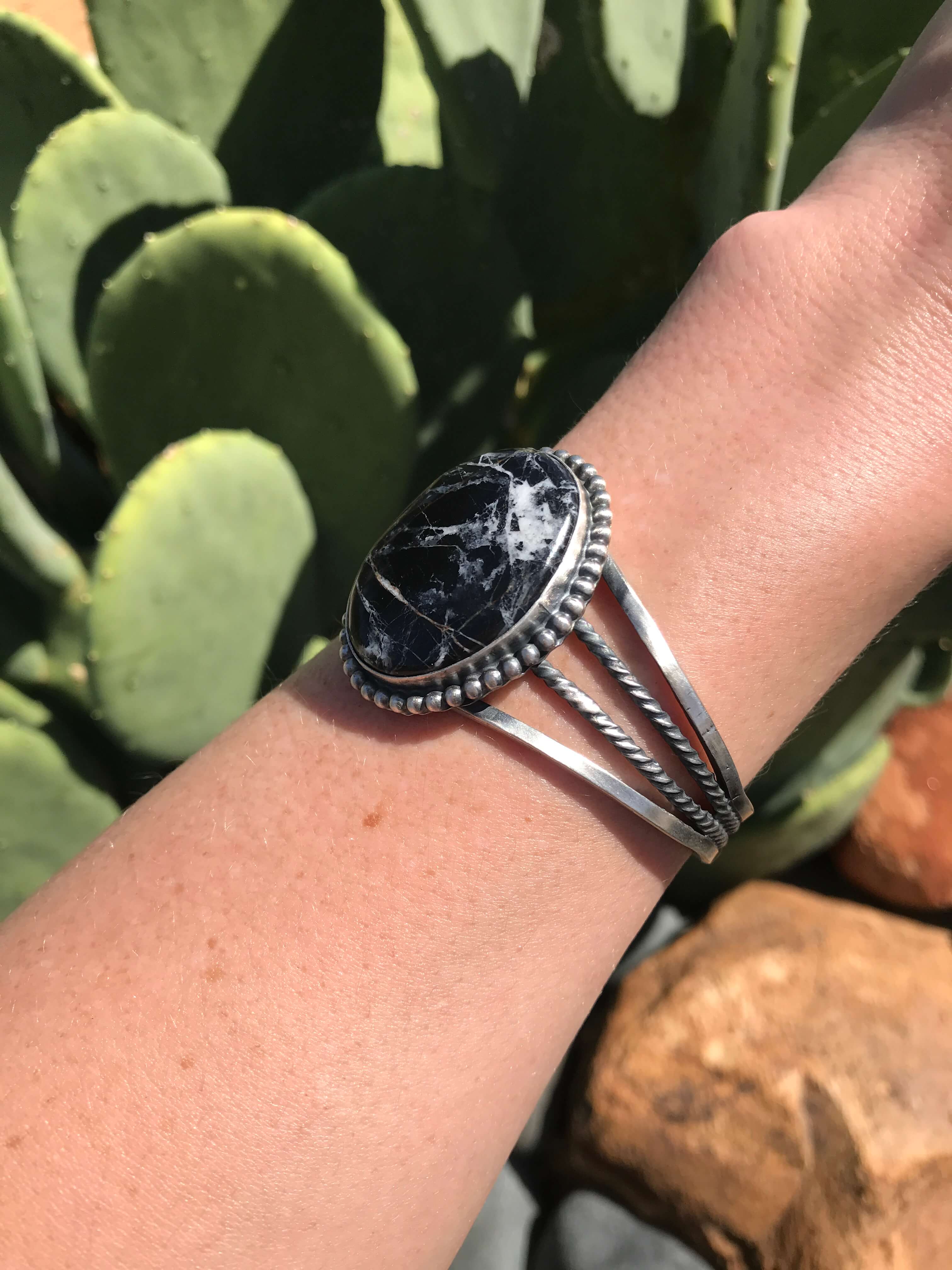 The Sonoita White Buffalo Cuff, 1-Bracelets & Cuffs-Calli Co., Turquoise and Silver Jewelry, Native American Handmade, Zuni Tribe, Navajo Tribe, Brock Texas