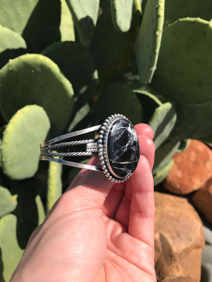 The Sonita White Buffalo Cuff-Bracelets & Cuffs-Calli Co., Turquoise and Silver Jewelry, Native American Handmade, Zuni Tribe, Navajo Tribe, Brock Texas