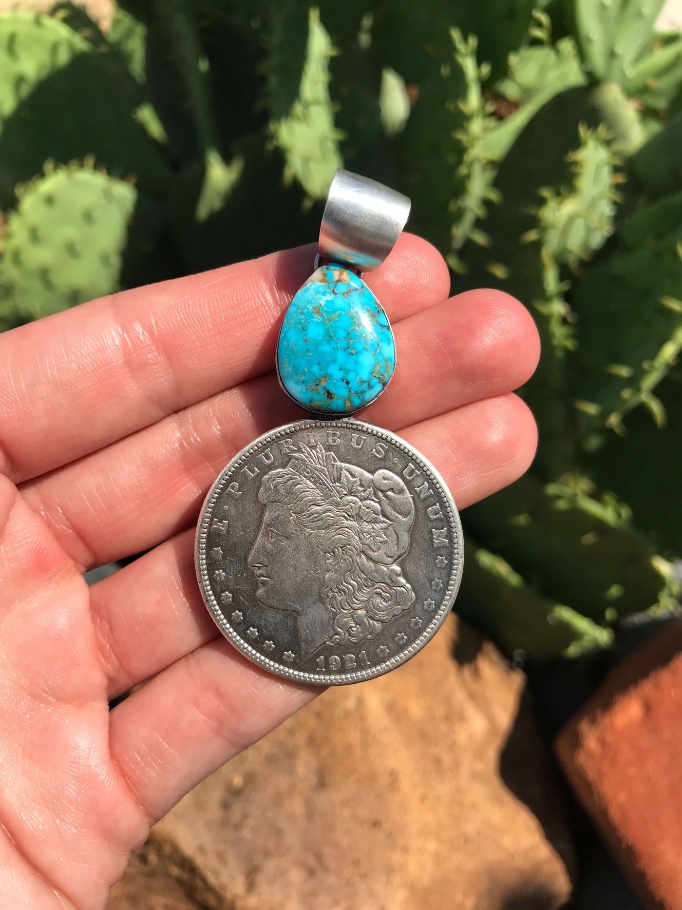 The Morgan Dollar Turquoise Pendant, 8-Pendants-Calli Co., Turquoise and Silver Jewelry, Native American Handmade, Zuni Tribe, Navajo Tribe, Brock Texas