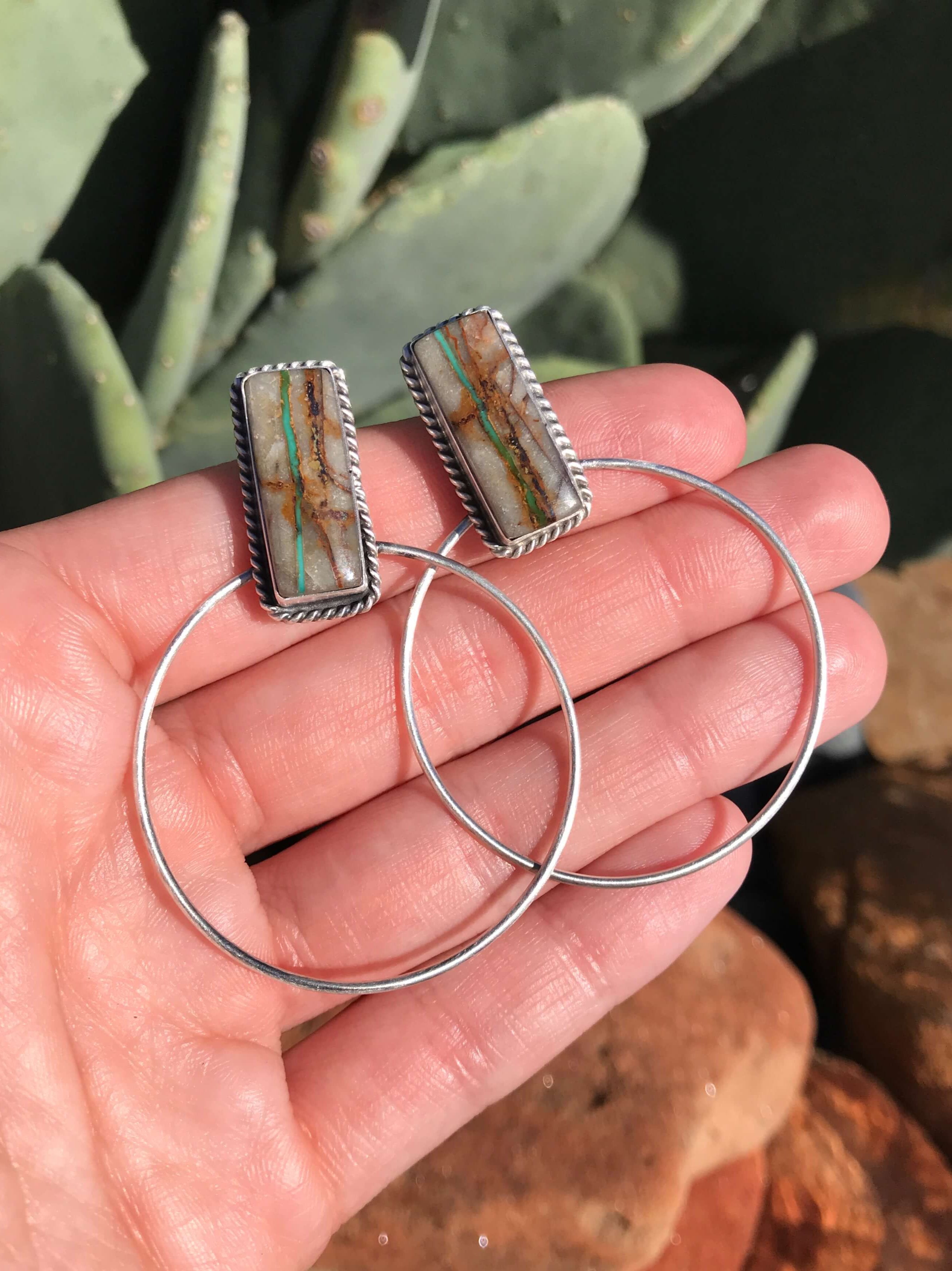 The Keystone Hoop Earrings, 10-Earrings-Calli Co., Turquoise and Silver Jewelry, Native American Handmade, Zuni Tribe, Navajo Tribe, Brock Texas