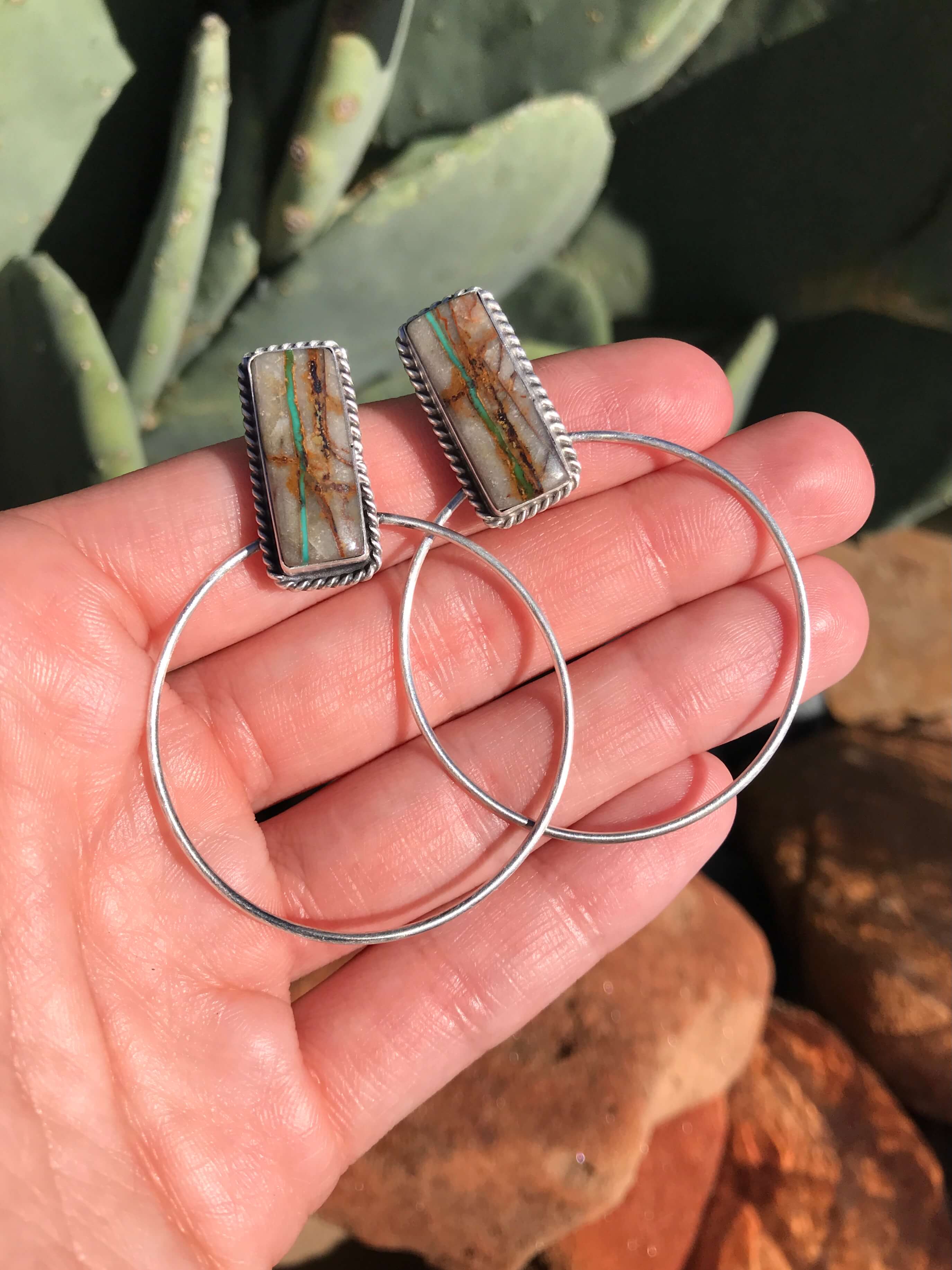 The Keystone Hoop Earrings, 10-Earrings-Calli Co., Turquoise and Silver Jewelry, Native American Handmade, Zuni Tribe, Navajo Tribe, Brock Texas