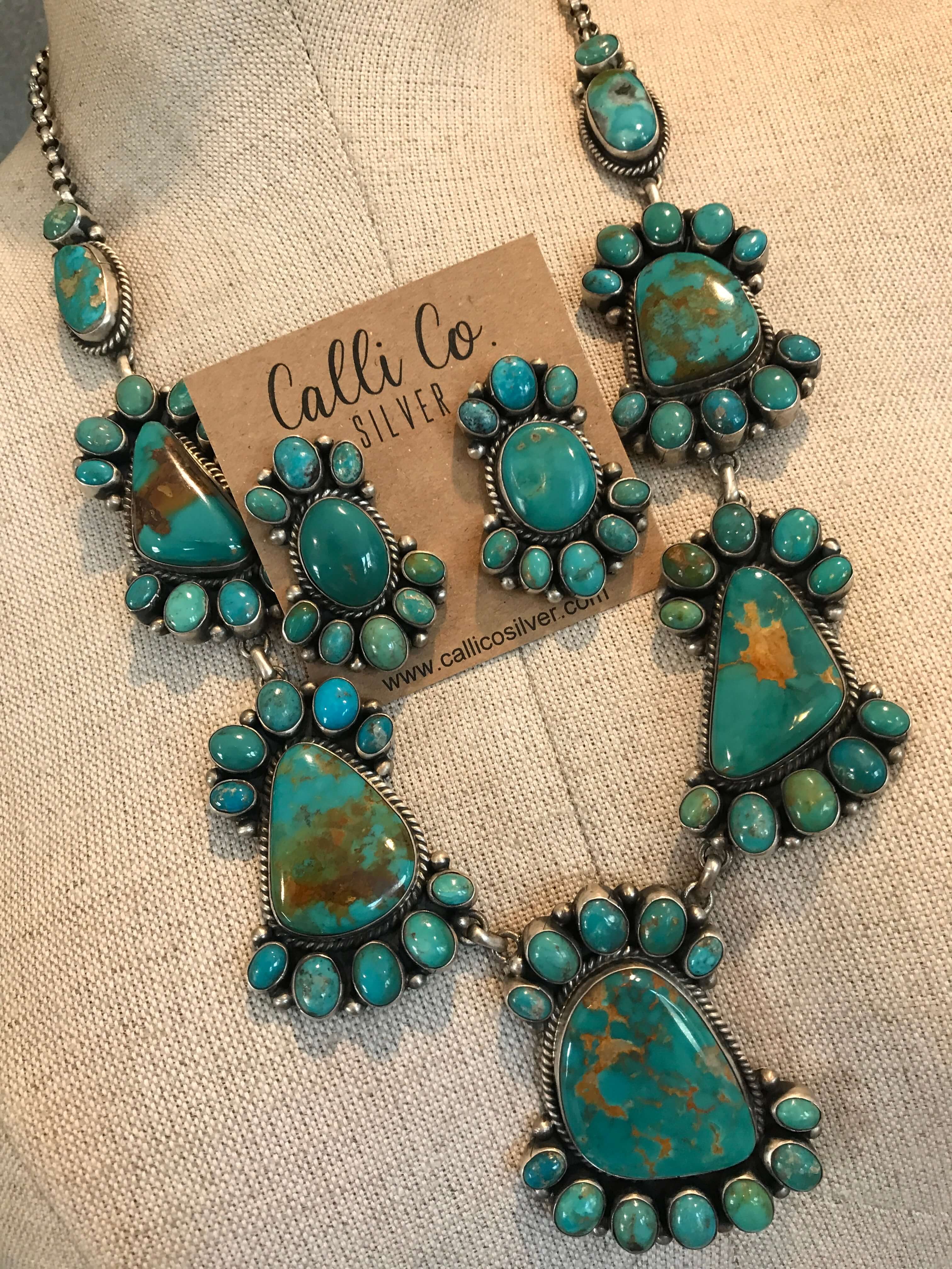 The Amorita Turquoise Statement Necklace Set-Necklaces-Calli Co., Turquoise and Silver Jewelry, Native American Handmade, Zuni Tribe, Navajo Tribe, Brock Texas