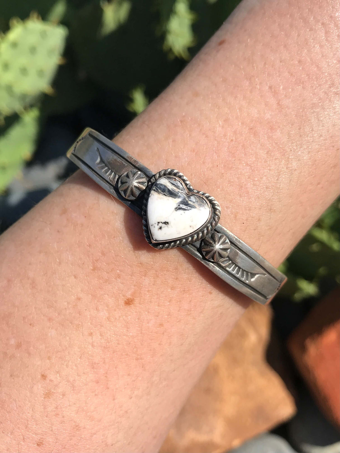 The White Buffalo Heart Cuff-Bracelets & Cuffs-Calli Co., Turquoise and Silver Jewelry, Native American Handmade, Zuni Tribe, Navajo Tribe, Brock Texas