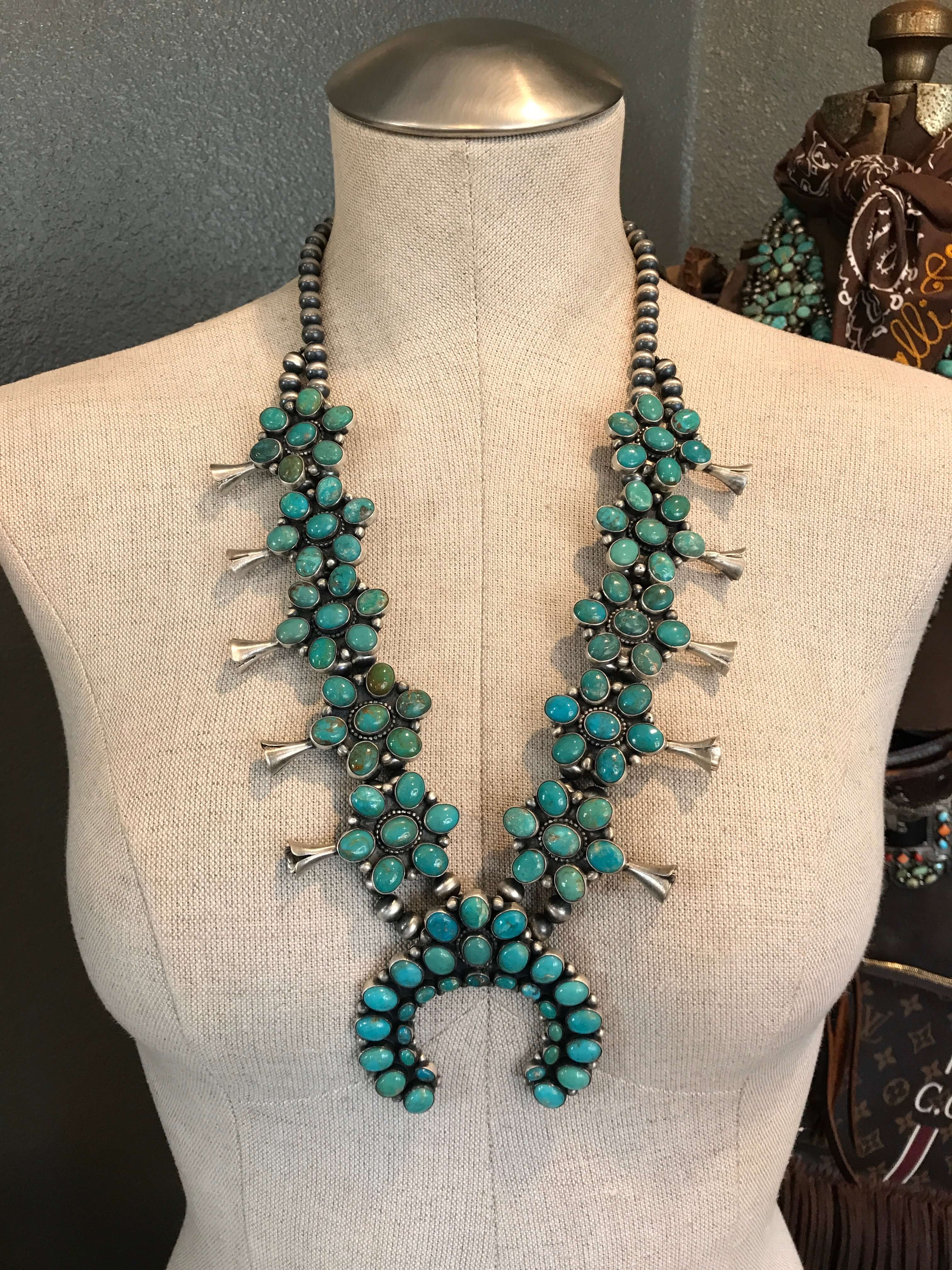 The Cusco Turquoise Squash Blossom Necklace Set-Necklaces-Calli Co., Turquoise and Silver Jewelry, Native American Handmade, Zuni Tribe, Navajo Tribe, Brock Texas