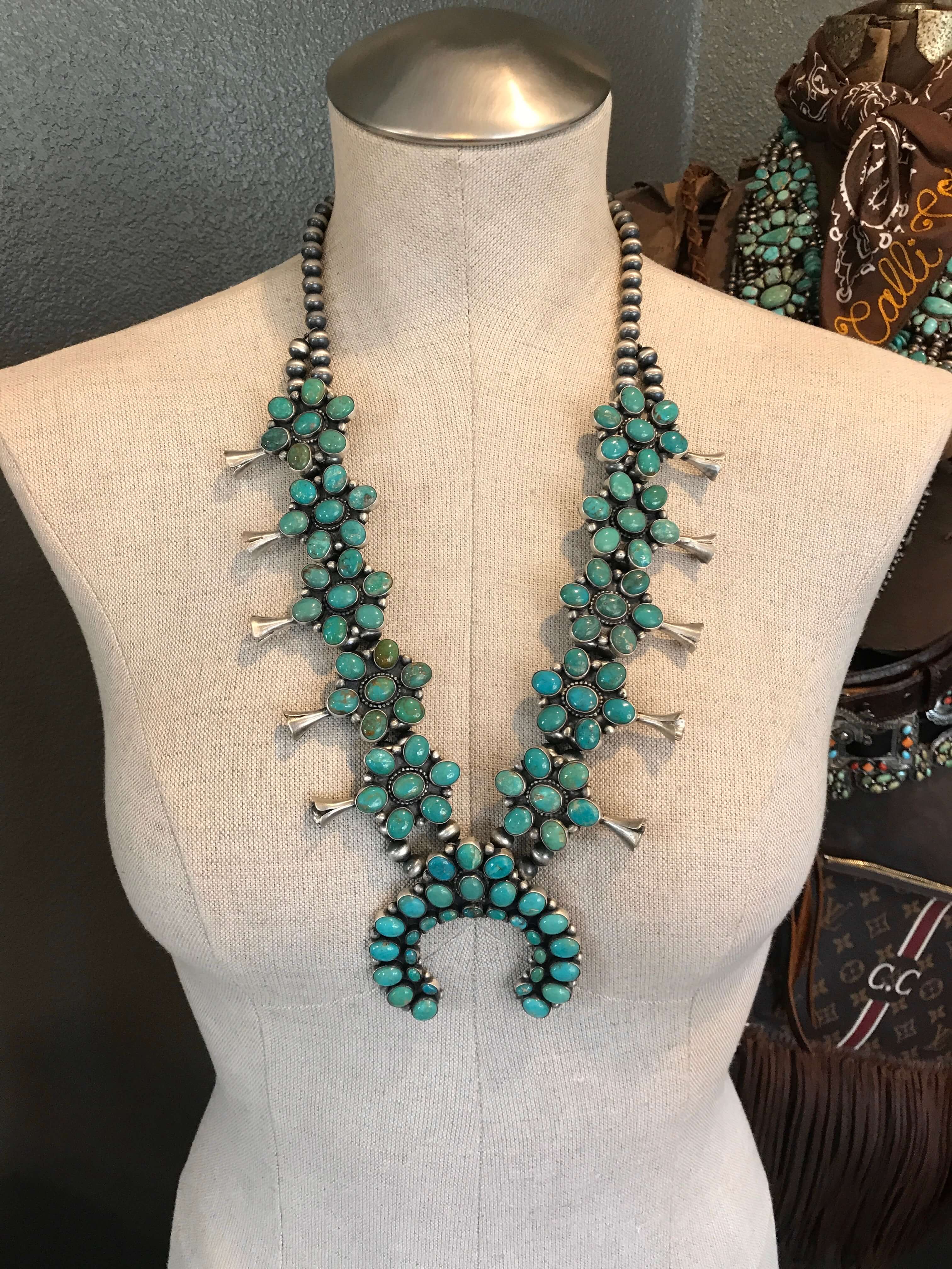 The Cusco Turquoise Squash Blossom Necklace Set-Necklaces-Calli Co., Turquoise and Silver Jewelry, Native American Handmade, Zuni Tribe, Navajo Tribe, Brock Texas