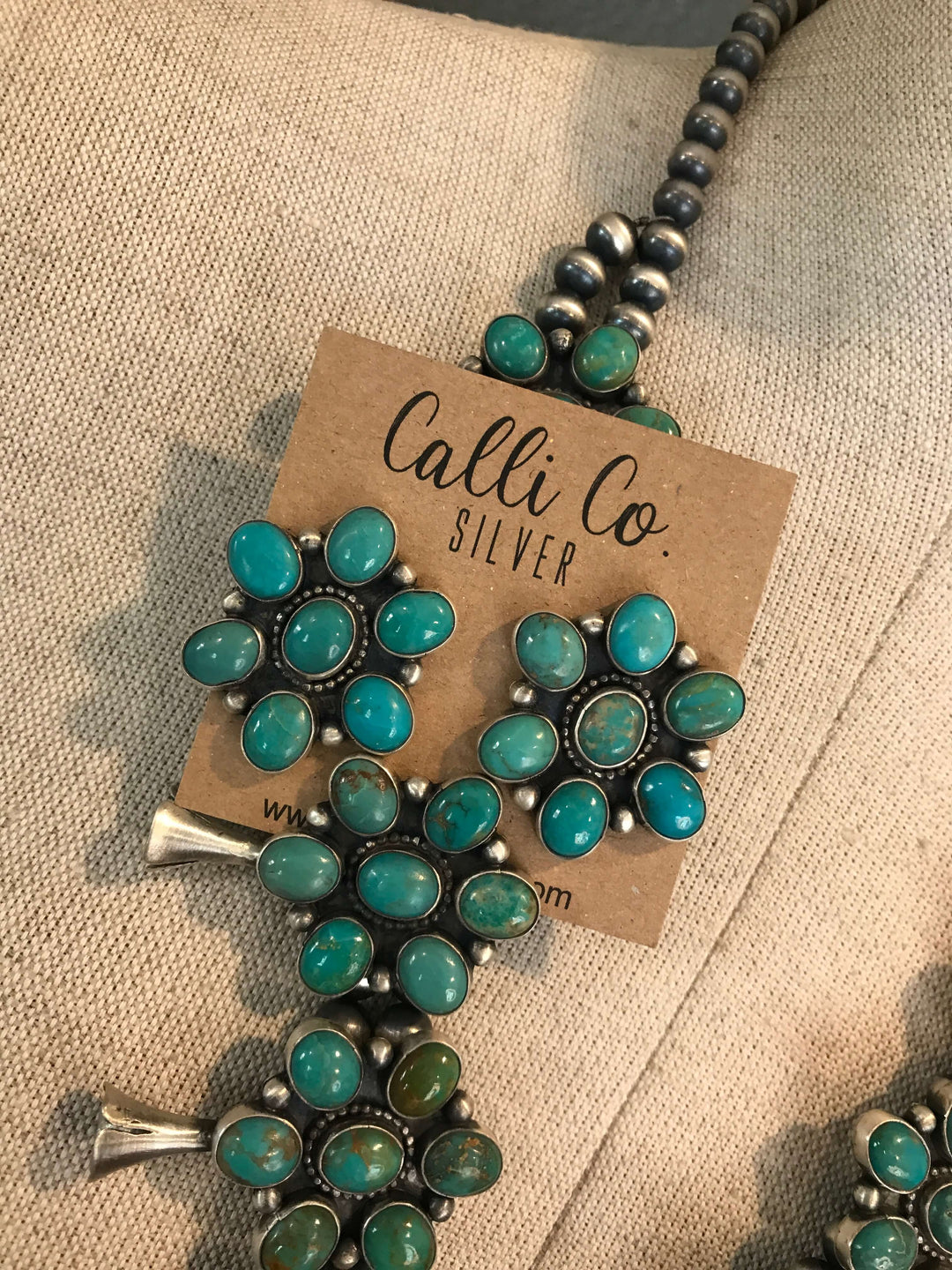 The Cusco Turquoise Squash Blossom Necklace Set-Necklaces-Calli Co., Turquoise and Silver Jewelry, Native American Handmade, Zuni Tribe, Navajo Tribe, Brock Texas