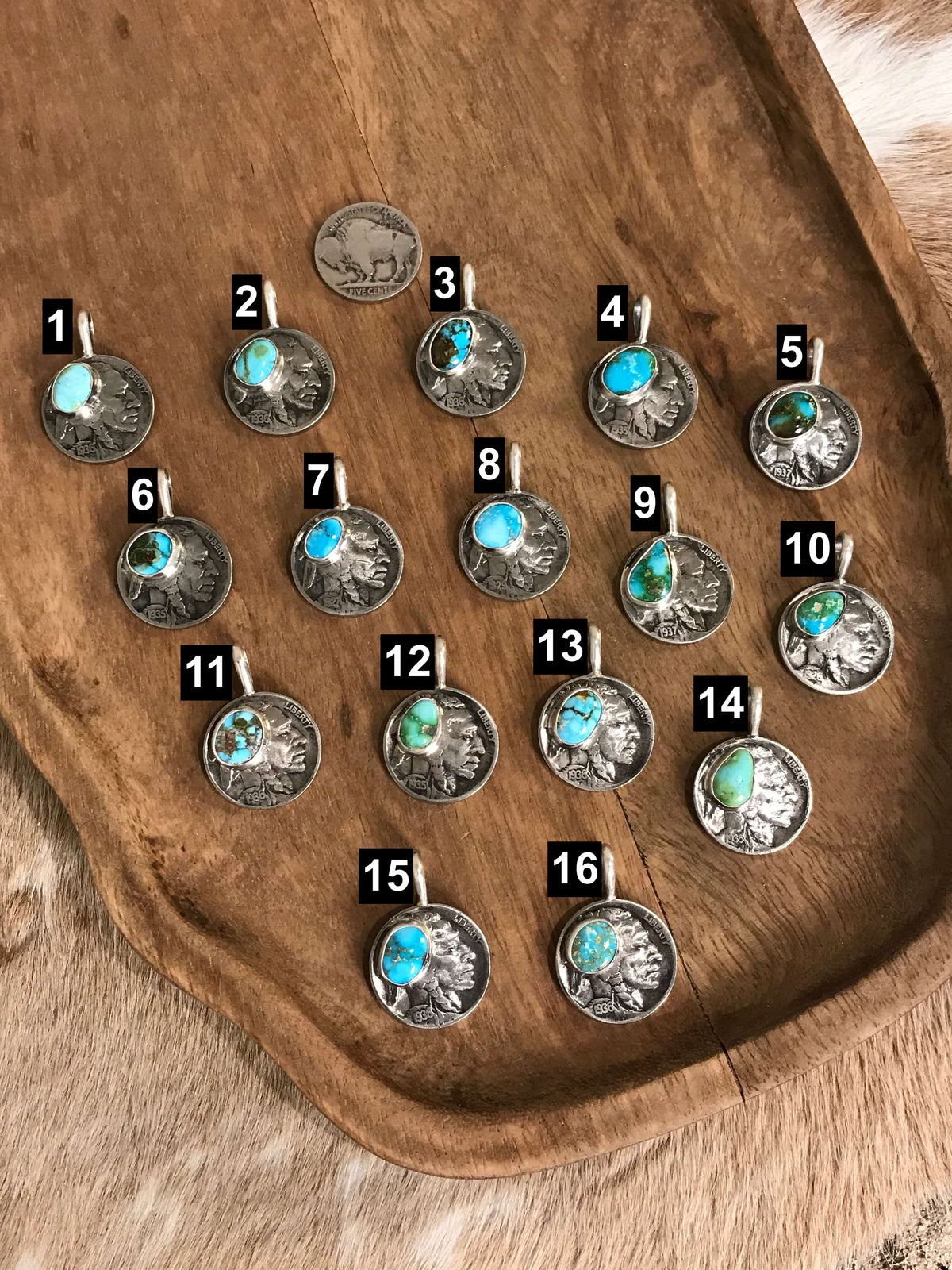 The Buffalo Nickel Pendants in Blue Turquoise-Pendants-Calli Co., Turquoise and Silver Jewelry, Native American Handmade, Zuni Tribe, Navajo Tribe, Brock Texas