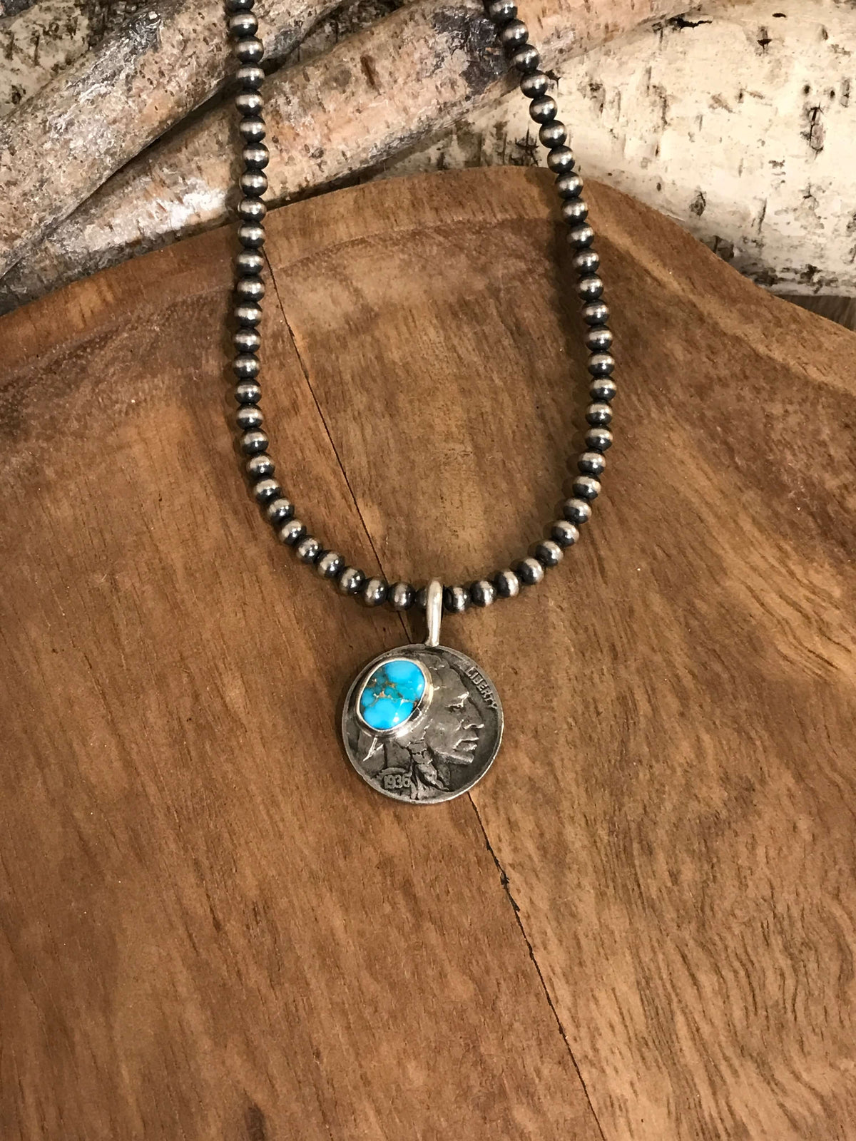 The Buffalo Nickel Pendants in Green Turquoise-Pendants-Calli Co., Turquoise and Silver Jewelry, Native American Handmade, Zuni Tribe, Navajo Tribe, Brock Texas