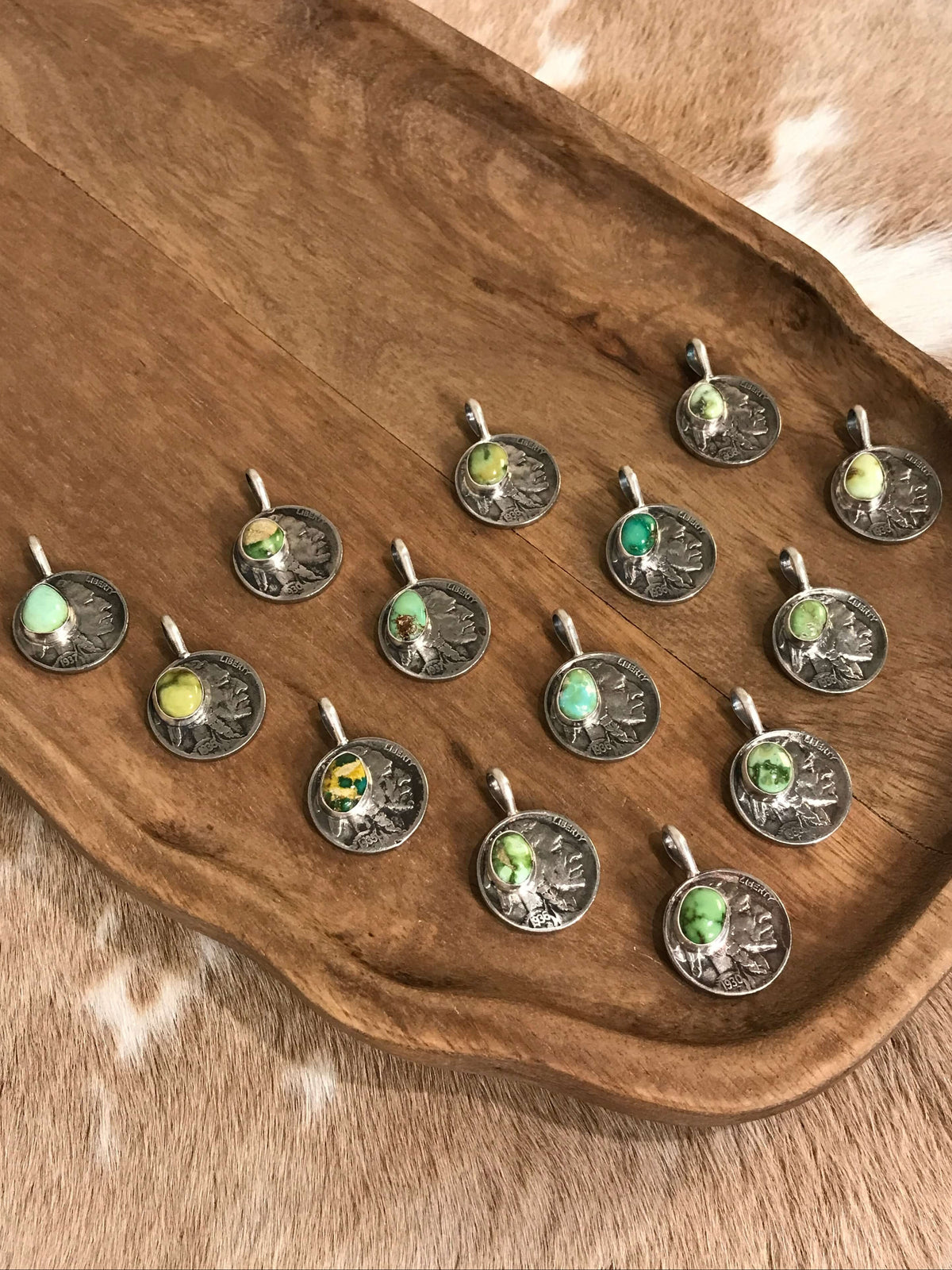 The Buffalo Nickel Pendants in Green Turquoise-Pendants-Calli Co., Turquoise and Silver Jewelry, Native American Handmade, Zuni Tribe, Navajo Tribe, Brock Texas