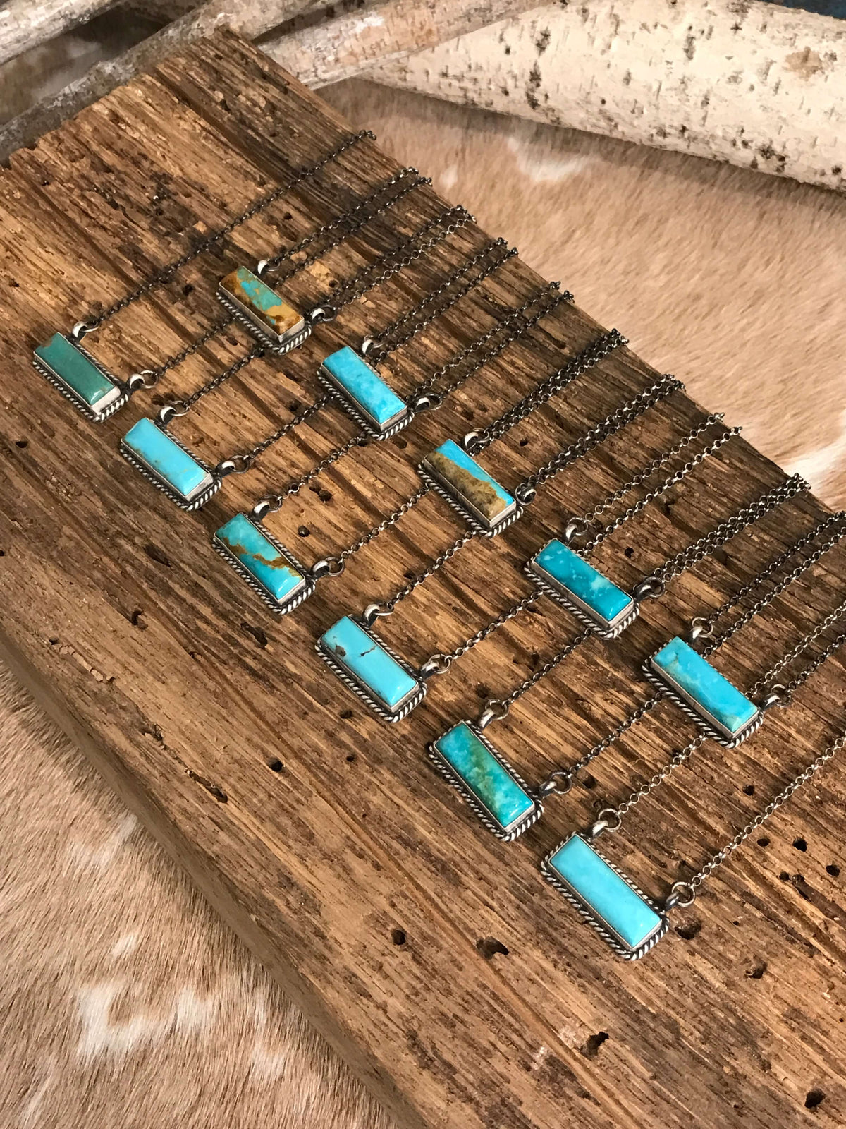 The Little Chief Turquoise Bar Necklaces-Necklaces-Calli Co., Turquoise and Silver Jewelry, Native American Handmade, Zuni Tribe, Navajo Tribe, Brock Texas