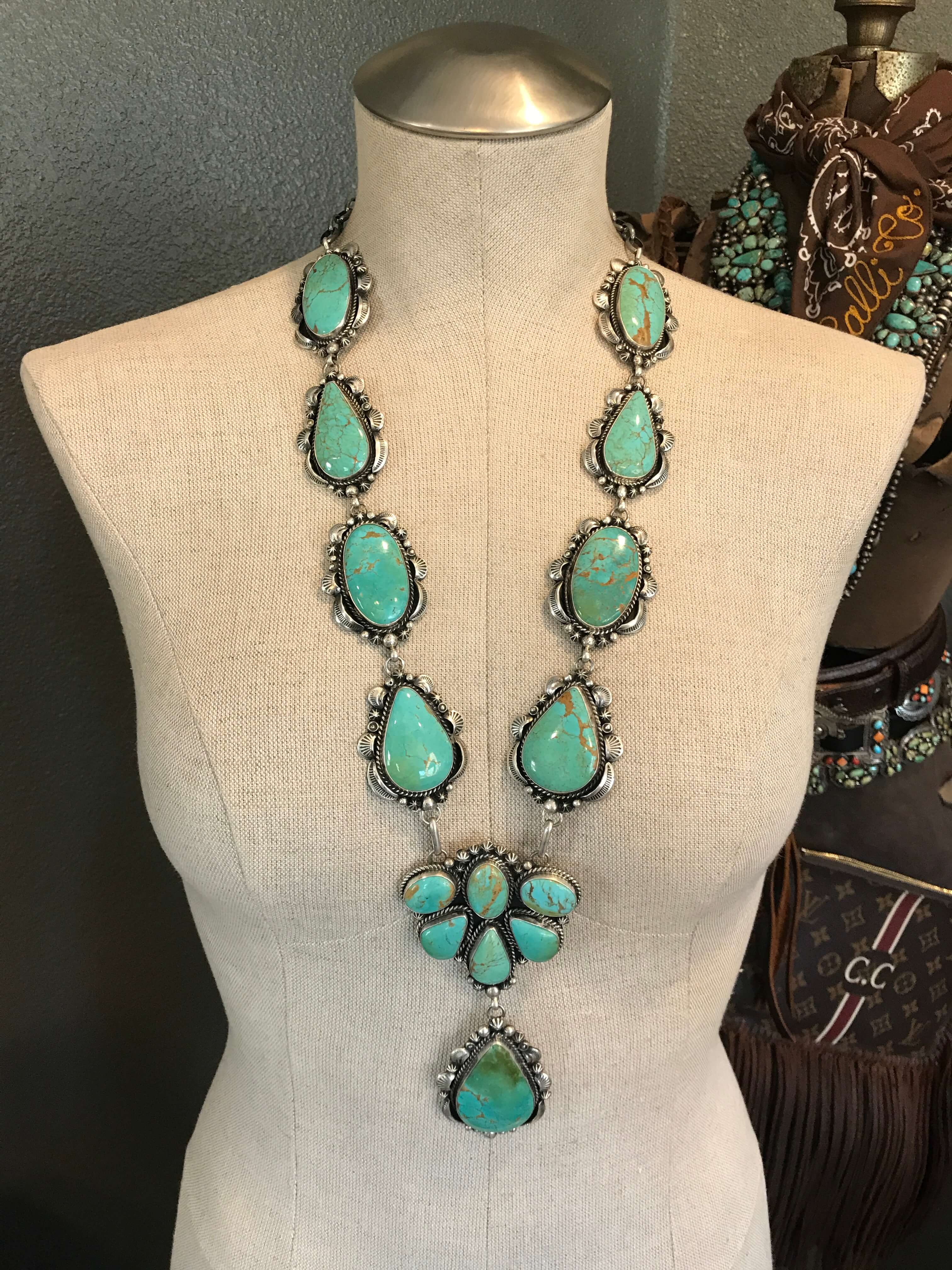 The Wanderer Turquoise Lariat Necklace Set-Necklaces-Calli Co., Turquoise and Silver Jewelry, Native American Handmade, Zuni Tribe, Navajo Tribe, Brock Texas