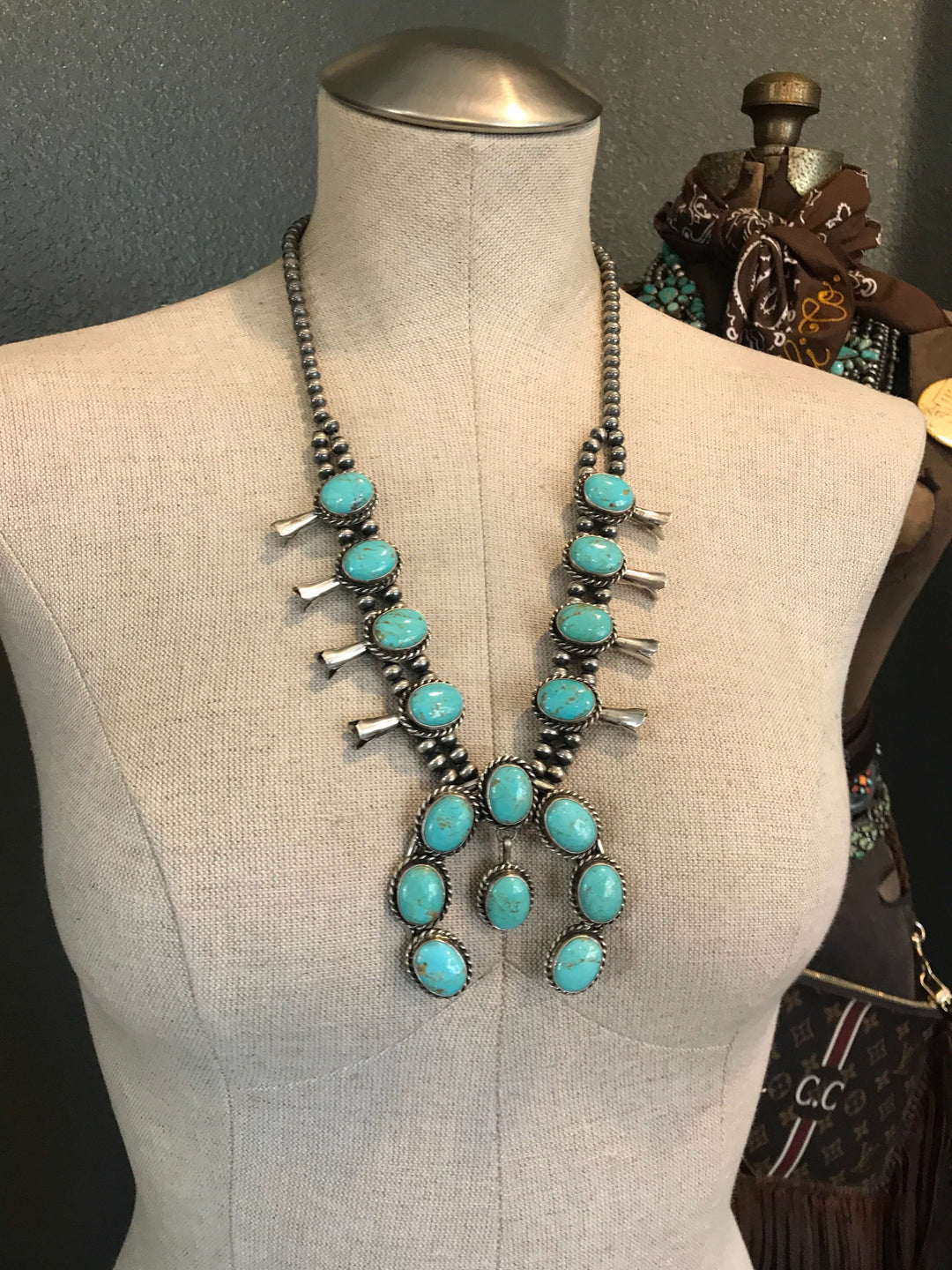The Lenora Turquoise Squash Blossom Necklace Set-Necklaces-Calli Co., Turquoise and Silver Jewelry, Native American Handmade, Zuni Tribe, Navajo Tribe, Brock Texas