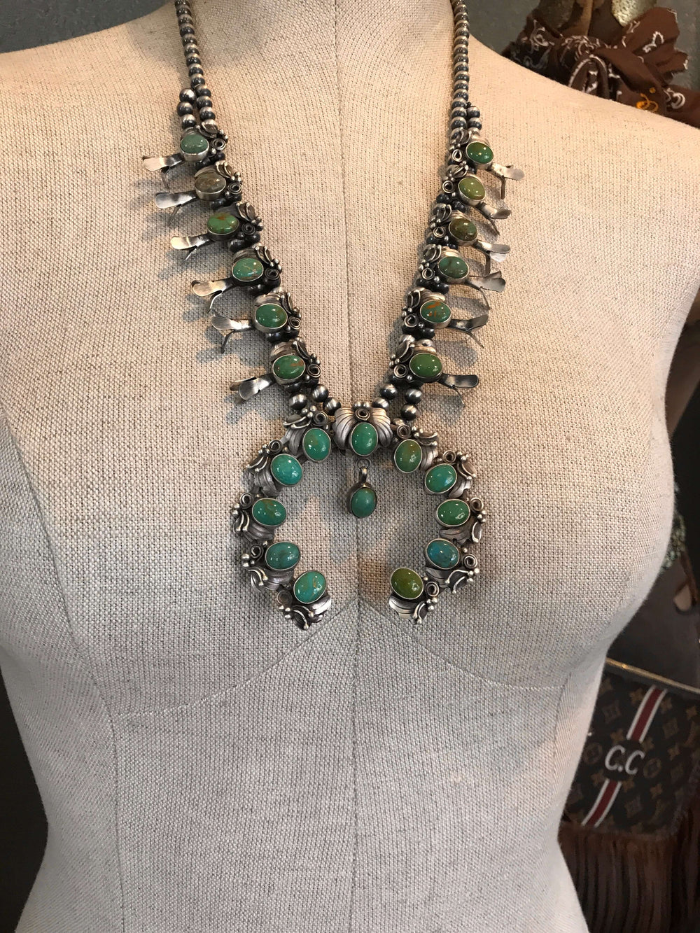 The Jilly Turquoise Squash Blossom Necklace Set-Necklaces-Calli Co., Turquoise and Silver Jewelry, Native American Handmade, Zuni Tribe, Navajo Tribe, Brock Texas