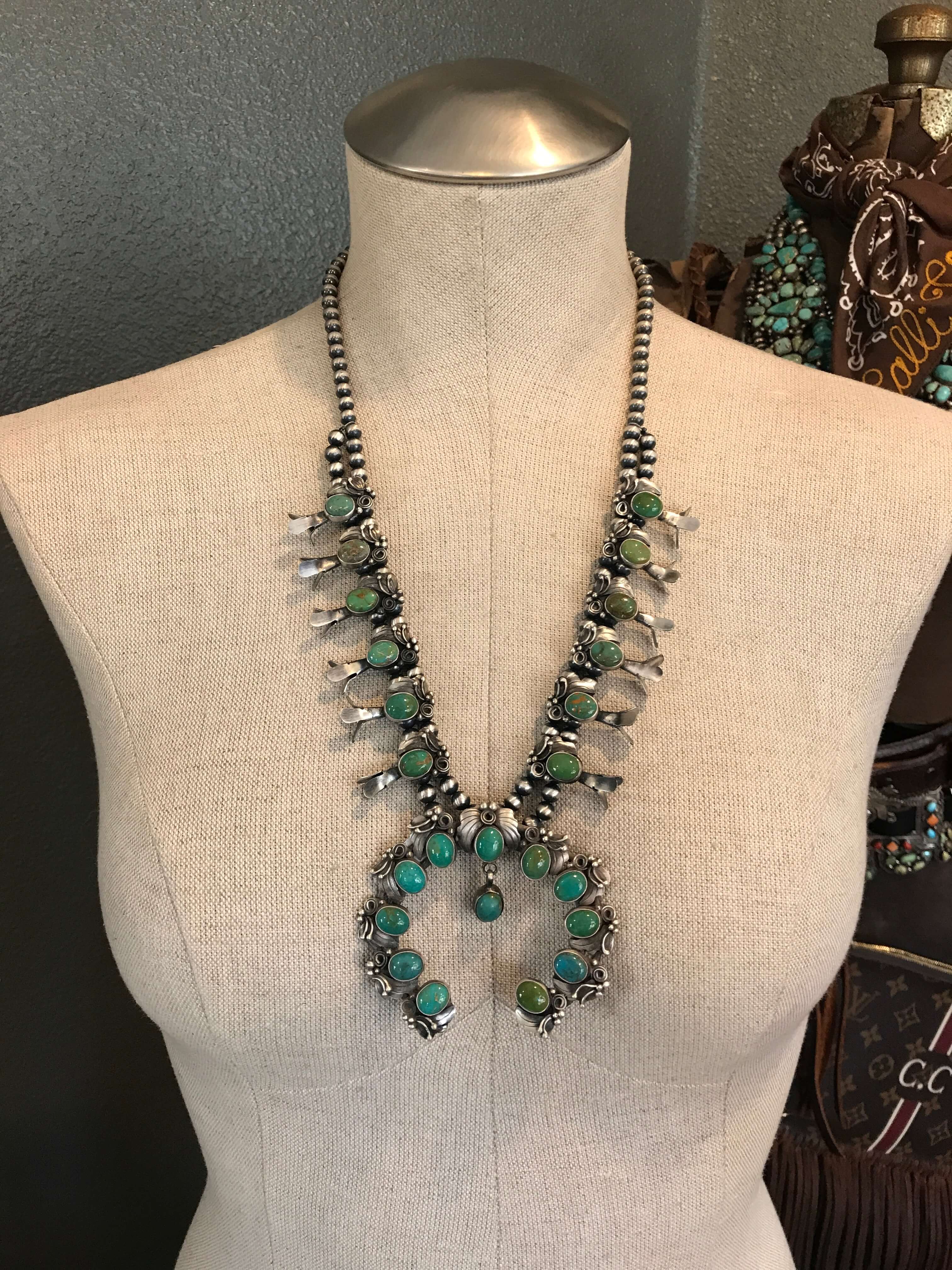 The Jilly Turquoise Squash Blossom Necklace Set-Necklaces-Calli Co., Turquoise and Silver Jewelry, Native American Handmade, Zuni Tribe, Navajo Tribe, Brock Texas