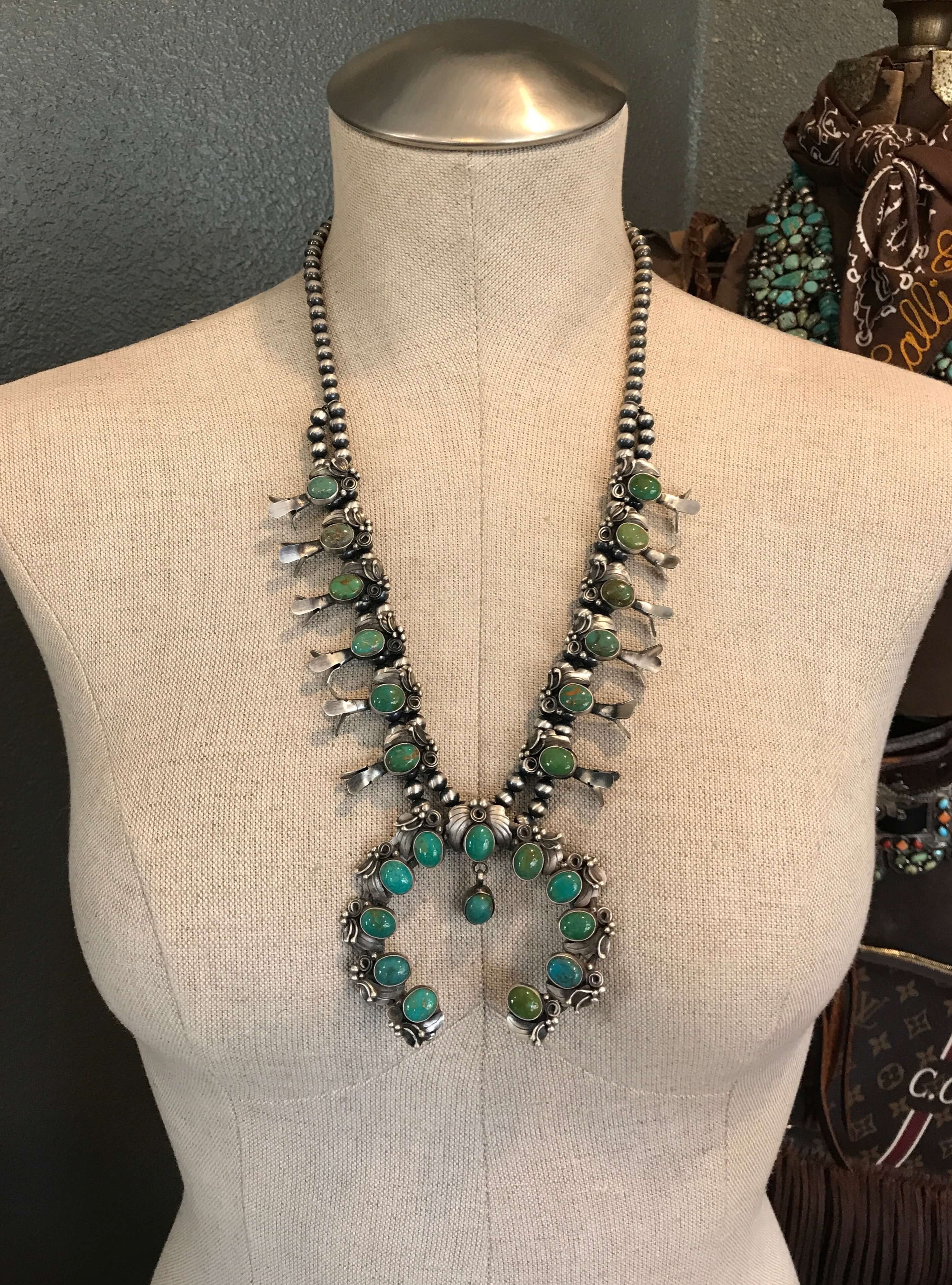 The Jilly Turquoise Squash Blossom Necklace Set-Necklaces-Calli Co., Turquoise and Silver Jewelry, Native American Handmade, Zuni Tribe, Navajo Tribe, Brock Texas