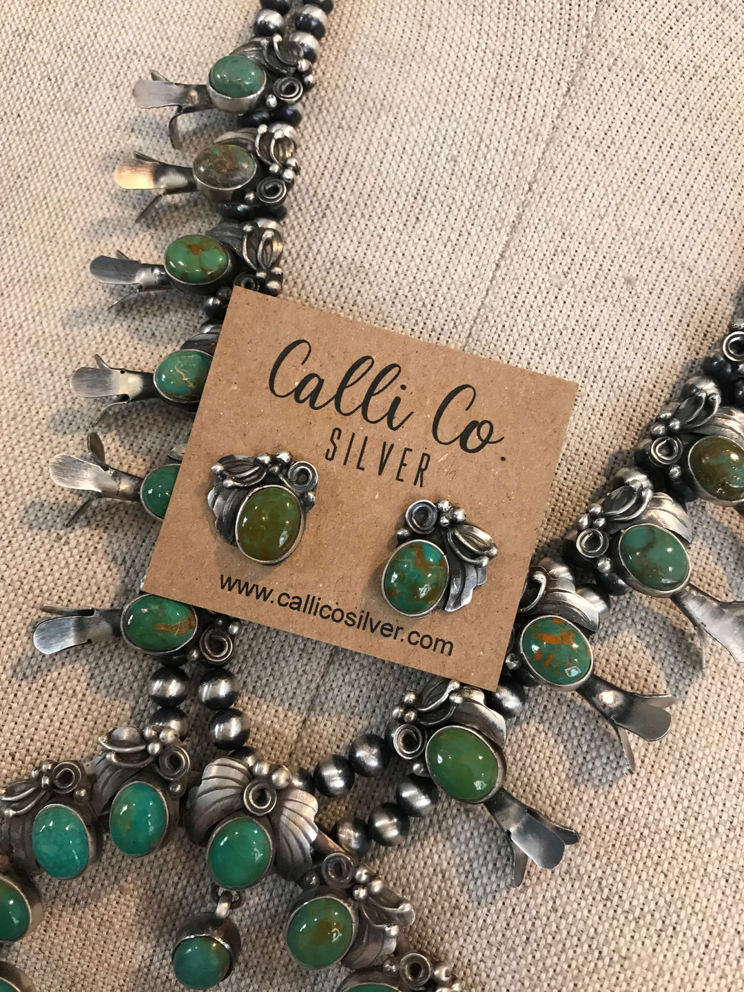 The Jilly Turquoise Squash Blossom Necklace Set-Necklaces-Calli Co., Turquoise and Silver Jewelry, Native American Handmade, Zuni Tribe, Navajo Tribe, Brock Texas