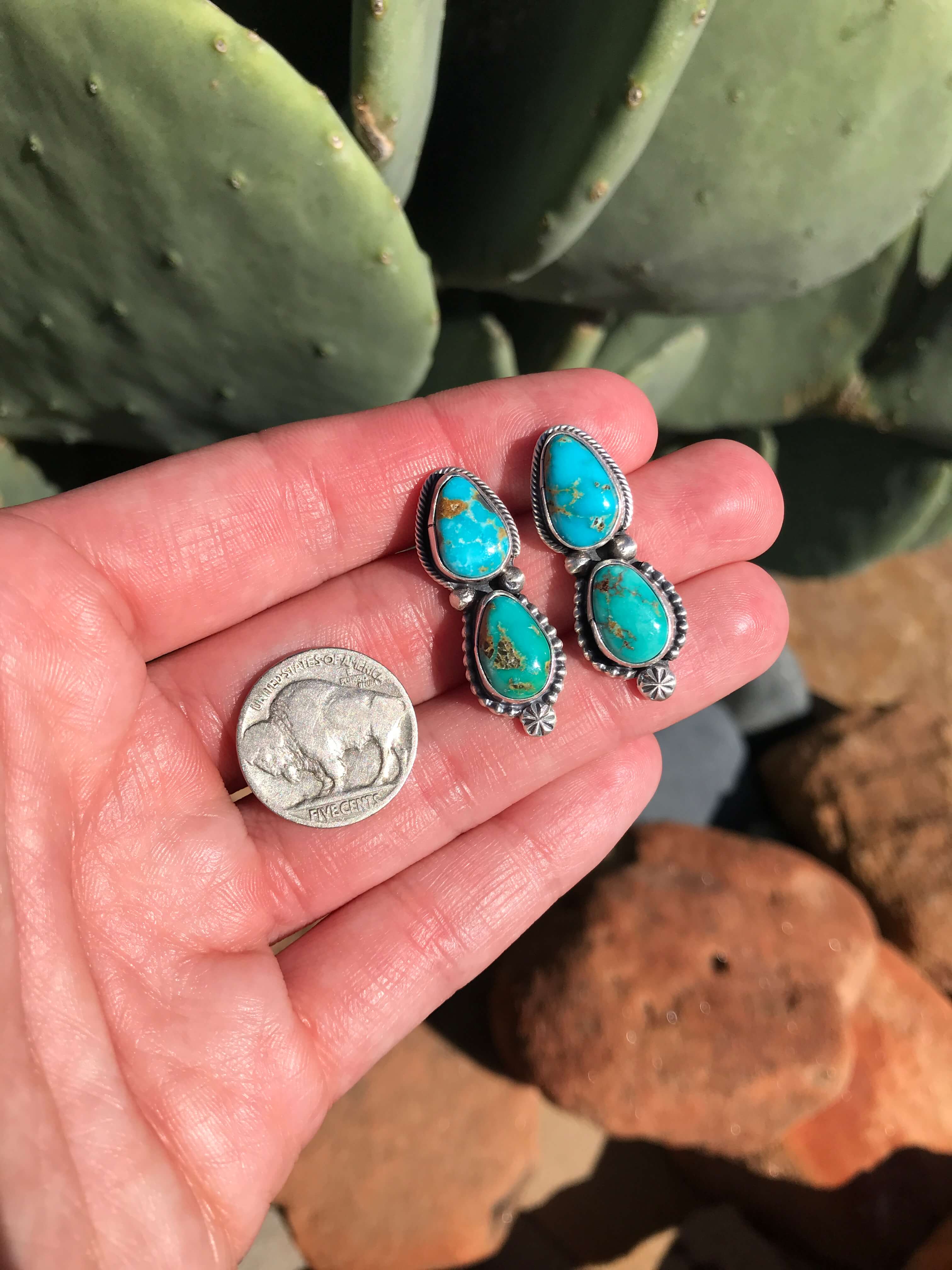 The Muse Turquoise Earrings, 2-Earrings-Calli Co., Turquoise and Silver Jewelry, Native American Handmade, Zuni Tribe, Navajo Tribe, Brock Texas