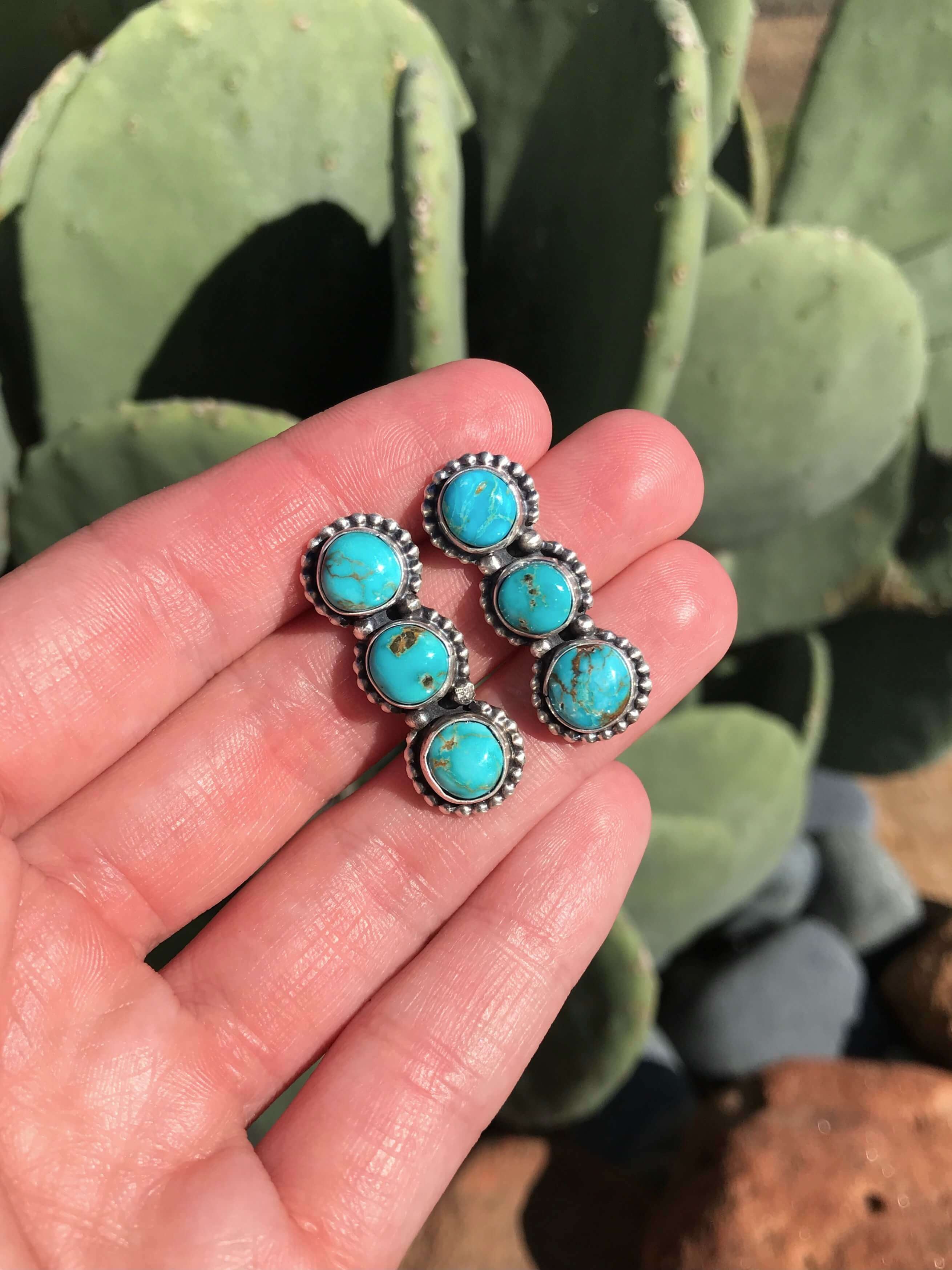 The Monaca Turquoise Earrings, 1-Earrings-Calli Co., Turquoise and Silver Jewelry, Native American Handmade, Zuni Tribe, Navajo Tribe, Brock Texas