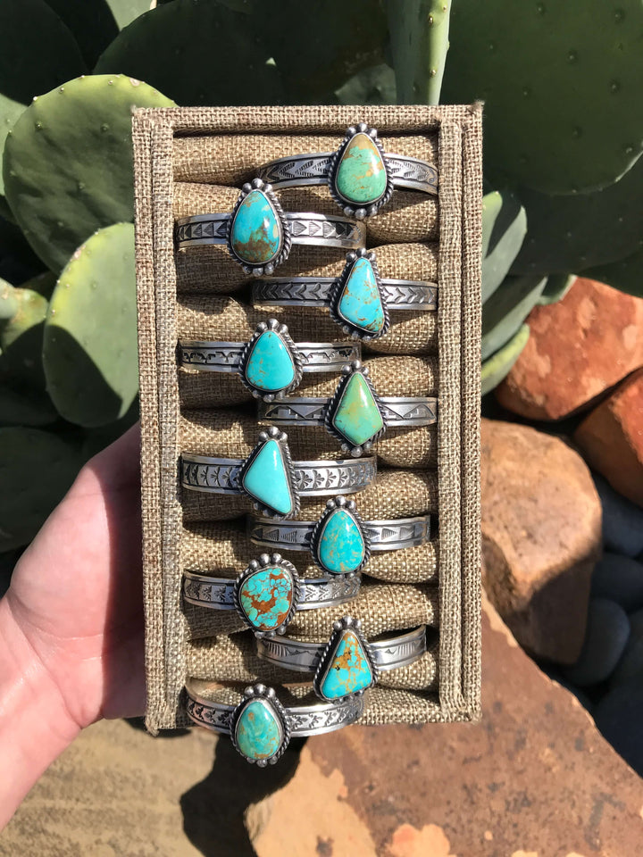 The McCamey Turquoise Cuffs-Bracelets & Cuffs-Calli Co., Turquoise and Silver Jewelry, Native American Handmade, Zuni Tribe, Navajo Tribe, Brock Texas