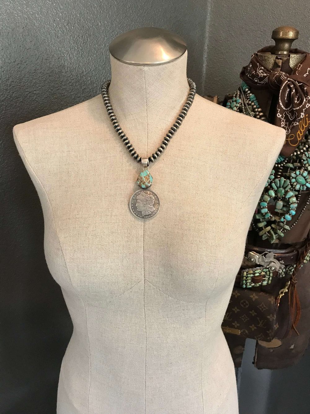 The Morgan Dollar Turquoise Pendant, 4-Pendants-Calli Co., Turquoise and Silver Jewelry, Native American Handmade, Zuni Tribe, Navajo Tribe, Brock Texas
