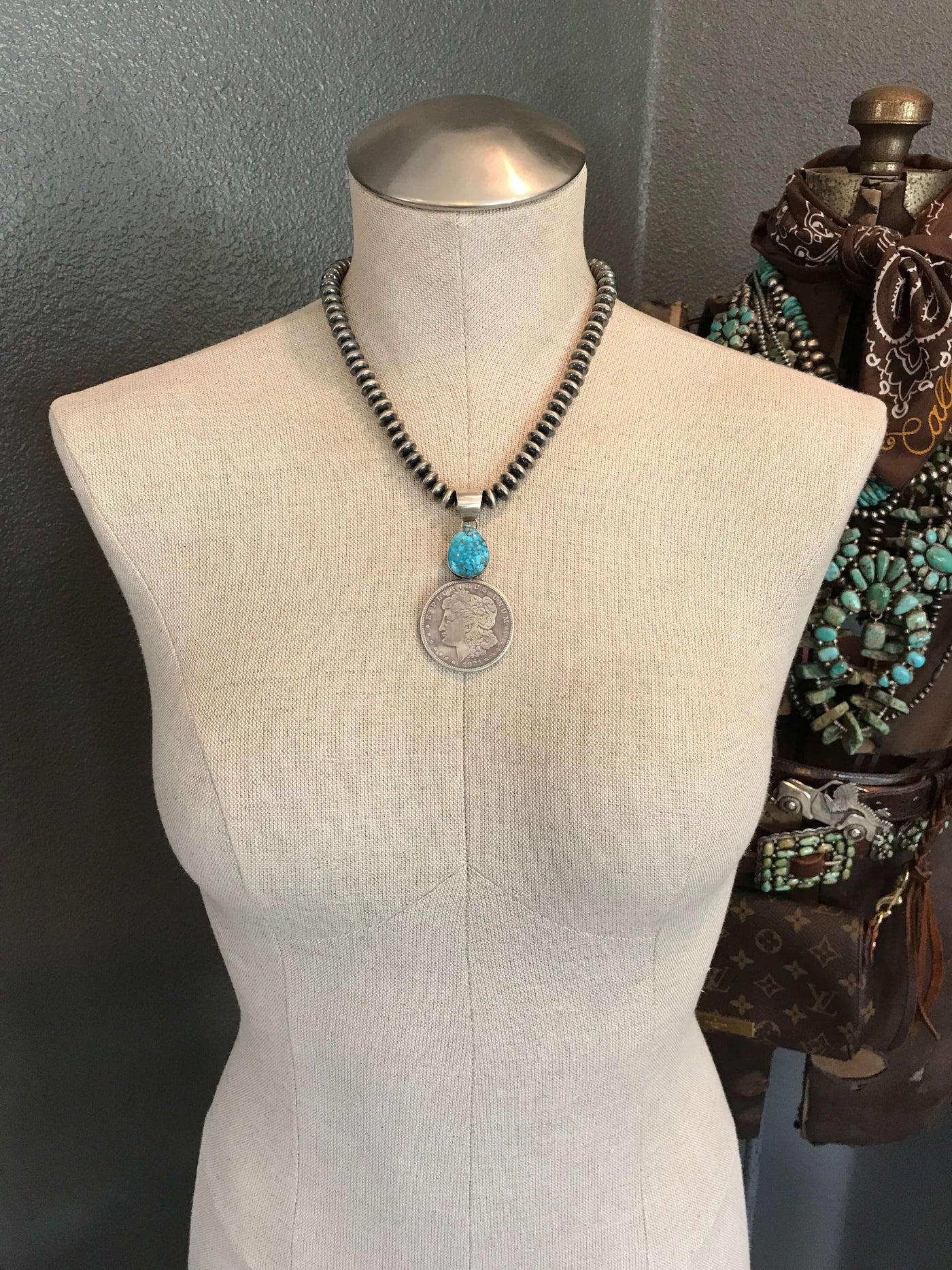 The Morgan Dollar Turquoise Pendant, 8-Pendants-Calli Co., Turquoise and Silver Jewelry, Native American Handmade, Zuni Tribe, Navajo Tribe, Brock Texas