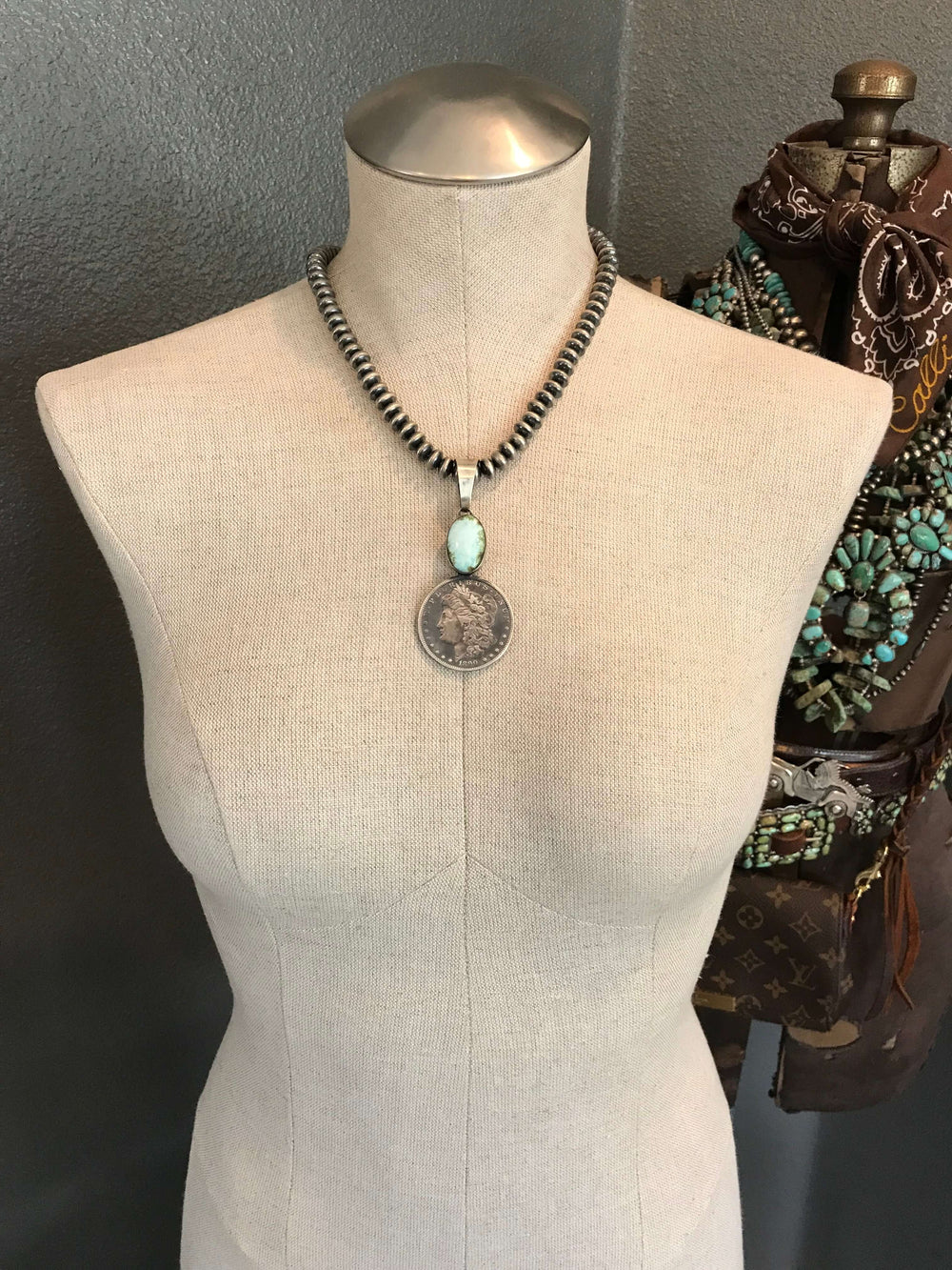 The Morgan Dollar Turquoise Pendant, 7-Pendants-Calli Co., Turquoise and Silver Jewelry, Native American Handmade, Zuni Tribe, Navajo Tribe, Brock Texas