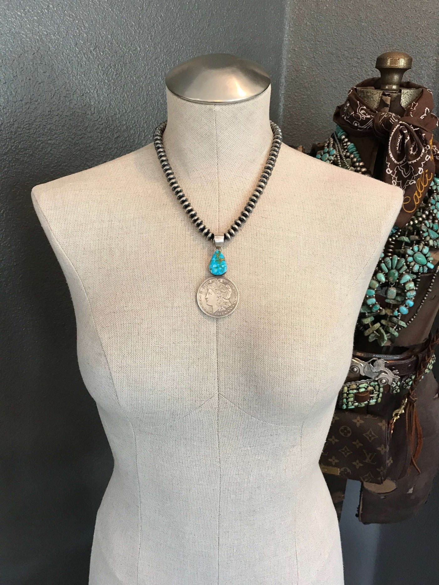 The Morgan Dollar Turquoise Pendant, 5-Pendants-Calli Co., Turquoise and Silver Jewelry, Native American Handmade, Zuni Tribe, Navajo Tribe, Brock Texas