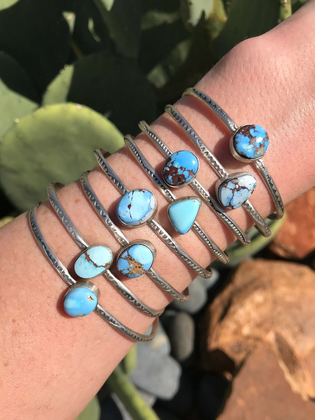 The Barlow Golden Hills Turquoise Cuffs-Bracelets & Cuffs-Calli Co., Turquoise and Silver Jewelry, Native American Handmade, Zuni Tribe, Navajo Tribe, Brock Texas