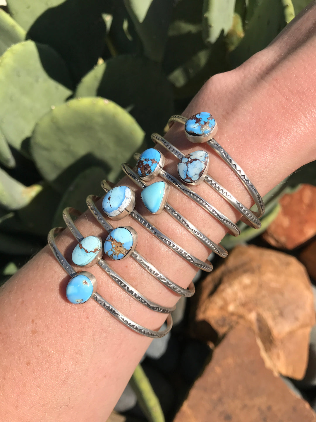 The Barlow Golden Hills Turquoise Cuffs-Bracelets & Cuffs-Calli Co., Turquoise and Silver Jewelry, Native American Handmade, Zuni Tribe, Navajo Tribe, Brock Texas