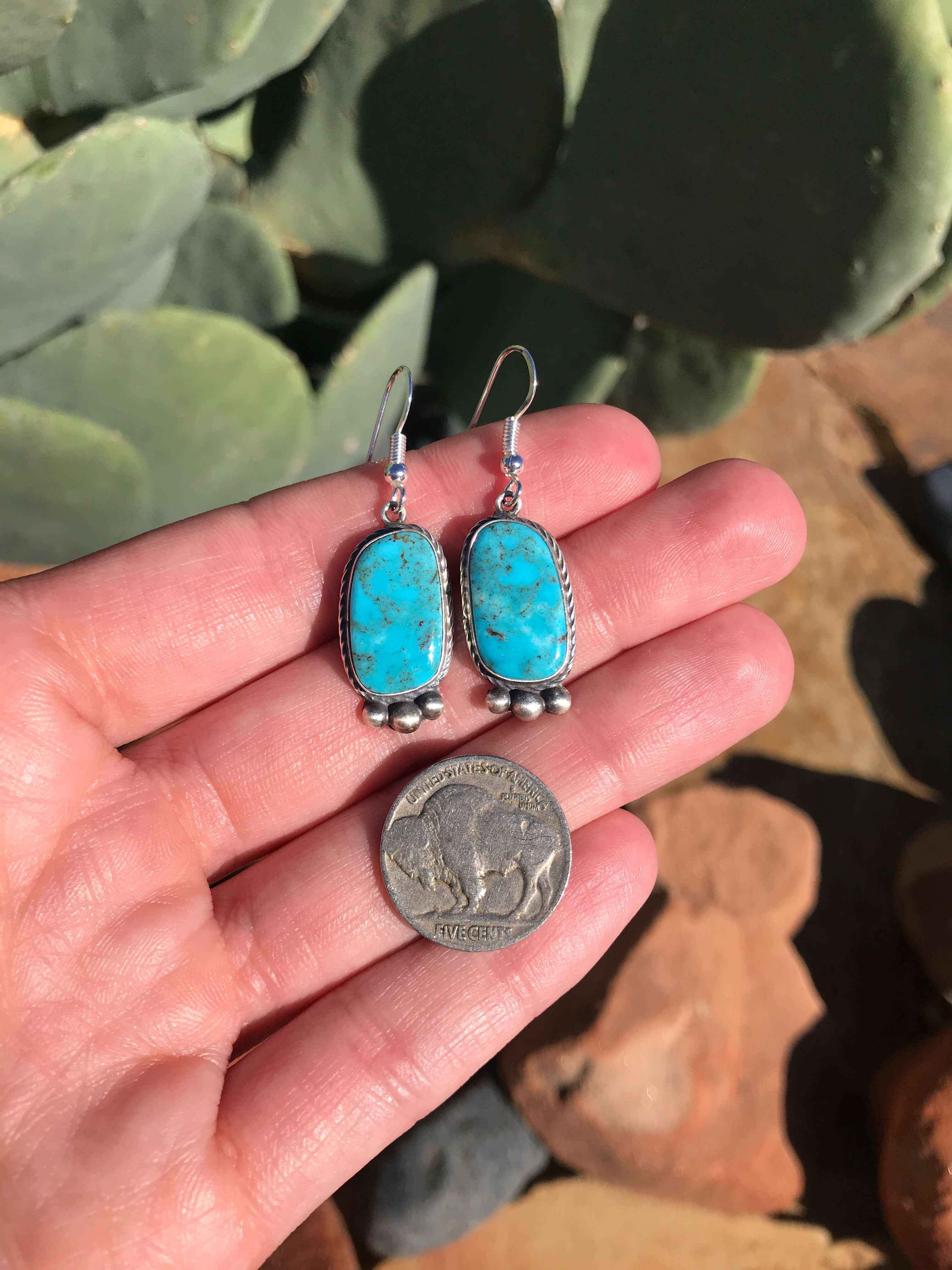 The Turquoise Dangle Earrings, 30-Earrings-Calli Co., Turquoise and Silver Jewelry, Native American Handmade, Zuni Tribe, Navajo Tribe, Brock Texas