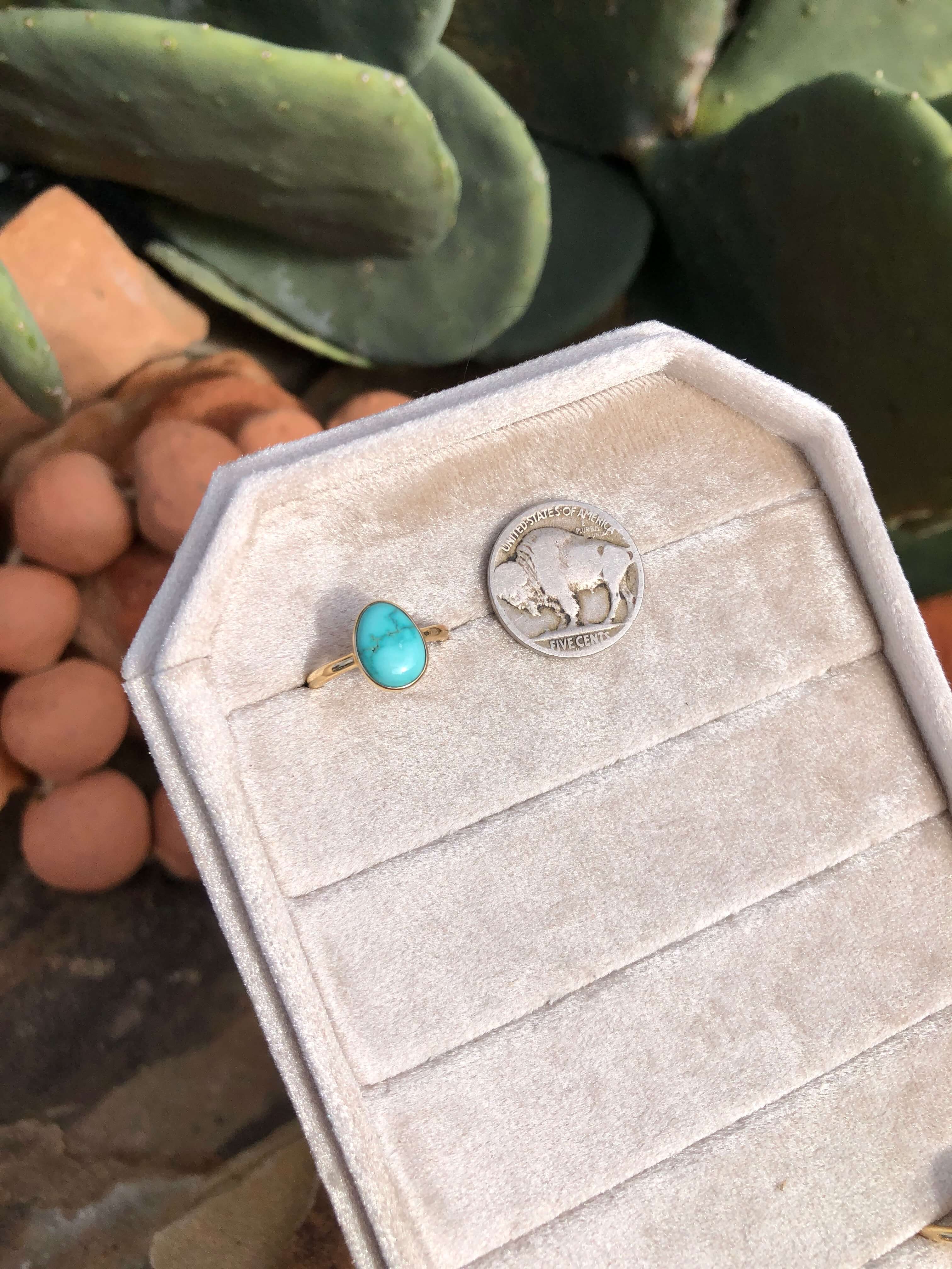 The London 14k and Turquoise Ring 17, Sz 6-Rings-Calli Co., Turquoise and Silver Jewelry, Native American Handmade, Zuni Tribe, Navajo Tribe, Brock Texas