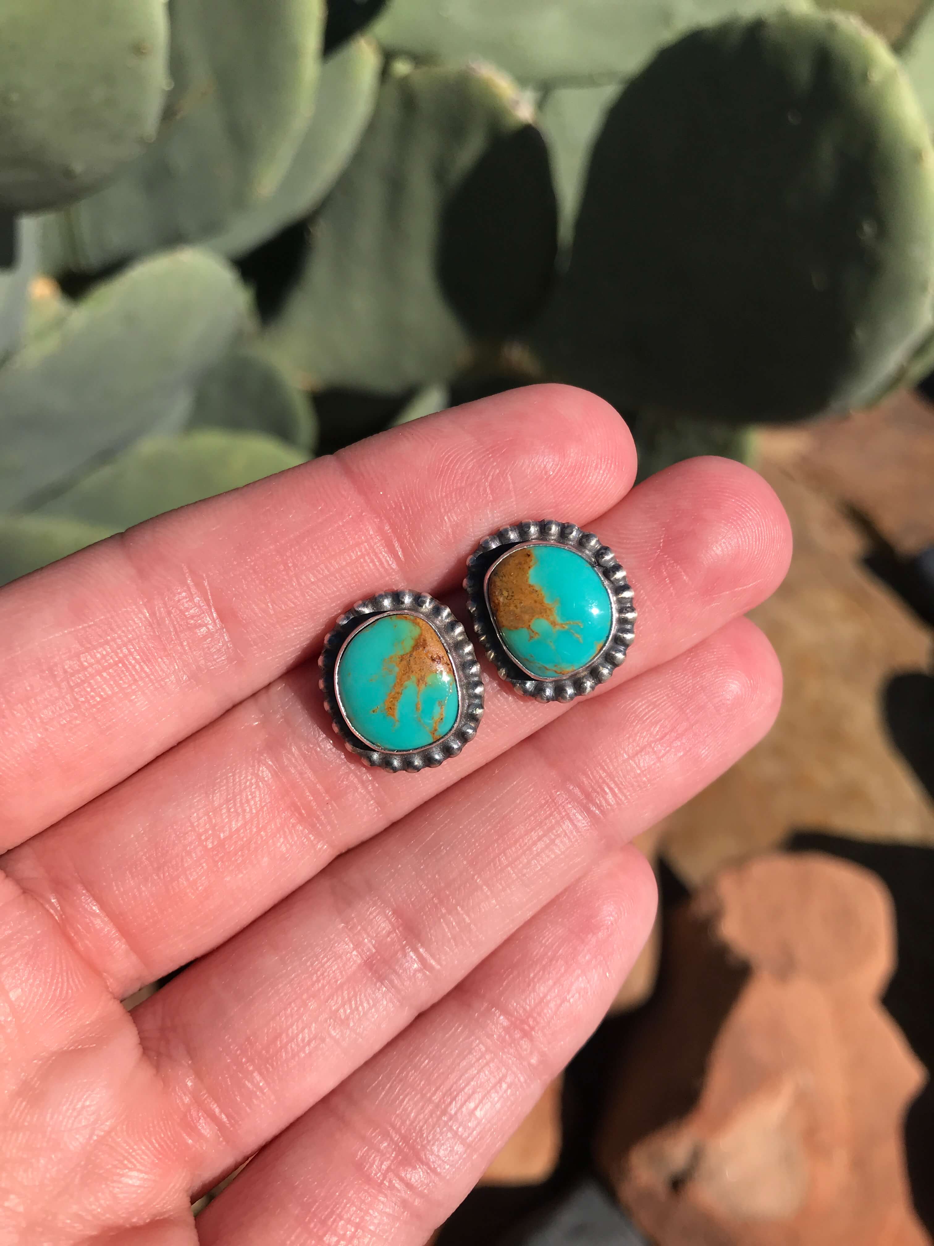 The Turquoise Studs, 3-Earrings-Calli Co., Turquoise and Silver Jewelry, Native American Handmade, Zuni Tribe, Navajo Tribe, Brock Texas