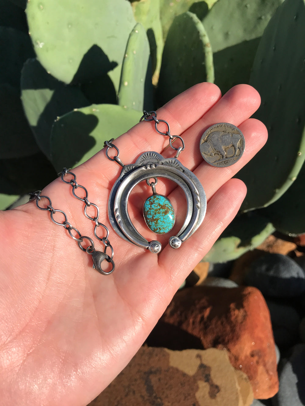 The Pine Springs Turquoise Naja Necklace-Necklaces-Calli Co., Turquoise and Silver Jewelry, Native American Handmade, Zuni Tribe, Navajo Tribe, Brock Texas