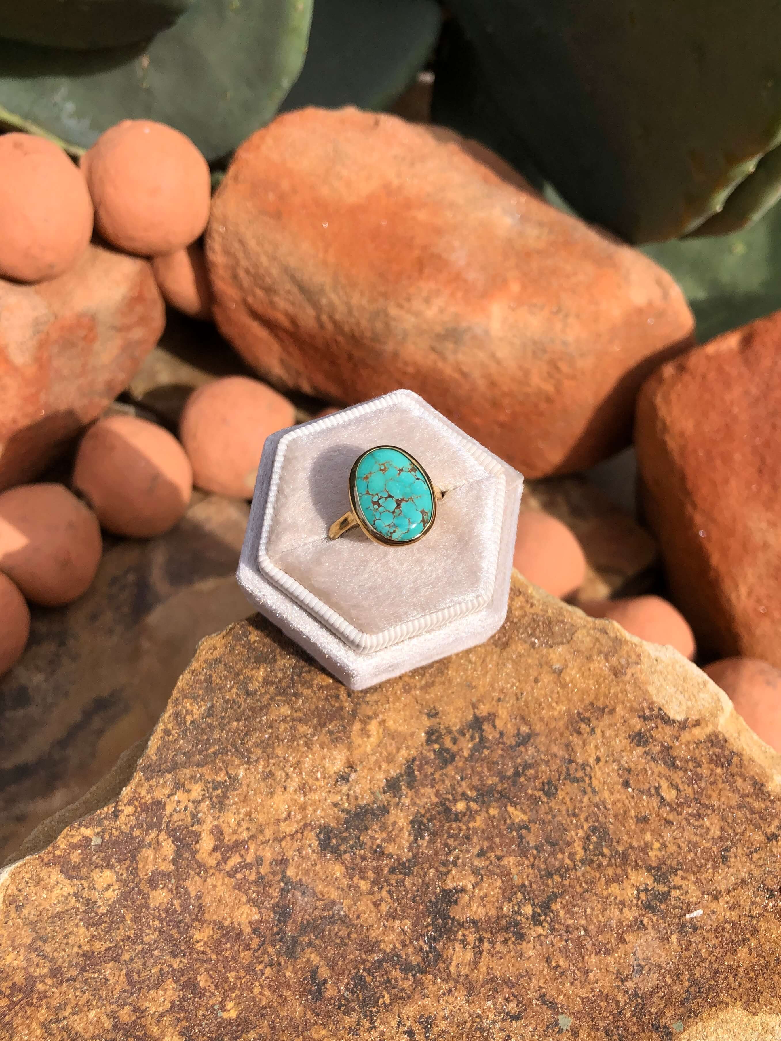 The London 14k and Turquoise Ring 18, Sz 7.5-Rings-Calli Co., Turquoise and Silver Jewelry, Native American Handmade, Zuni Tribe, Navajo Tribe, Brock Texas