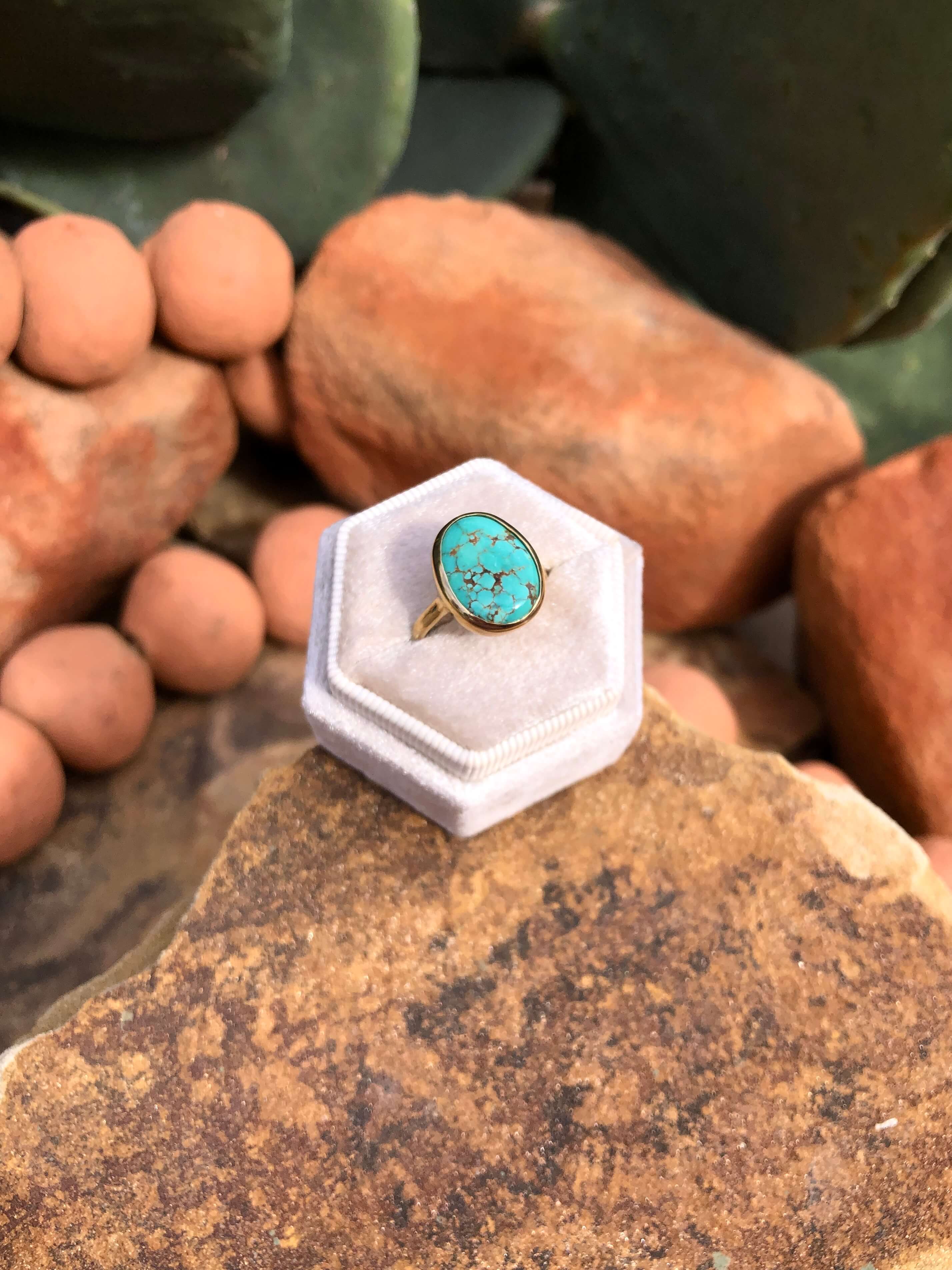 The London 14k and Turquoise Ring 18, Sz 7.5-Rings-Calli Co., Turquoise and Silver Jewelry, Native American Handmade, Zuni Tribe, Navajo Tribe, Brock Texas