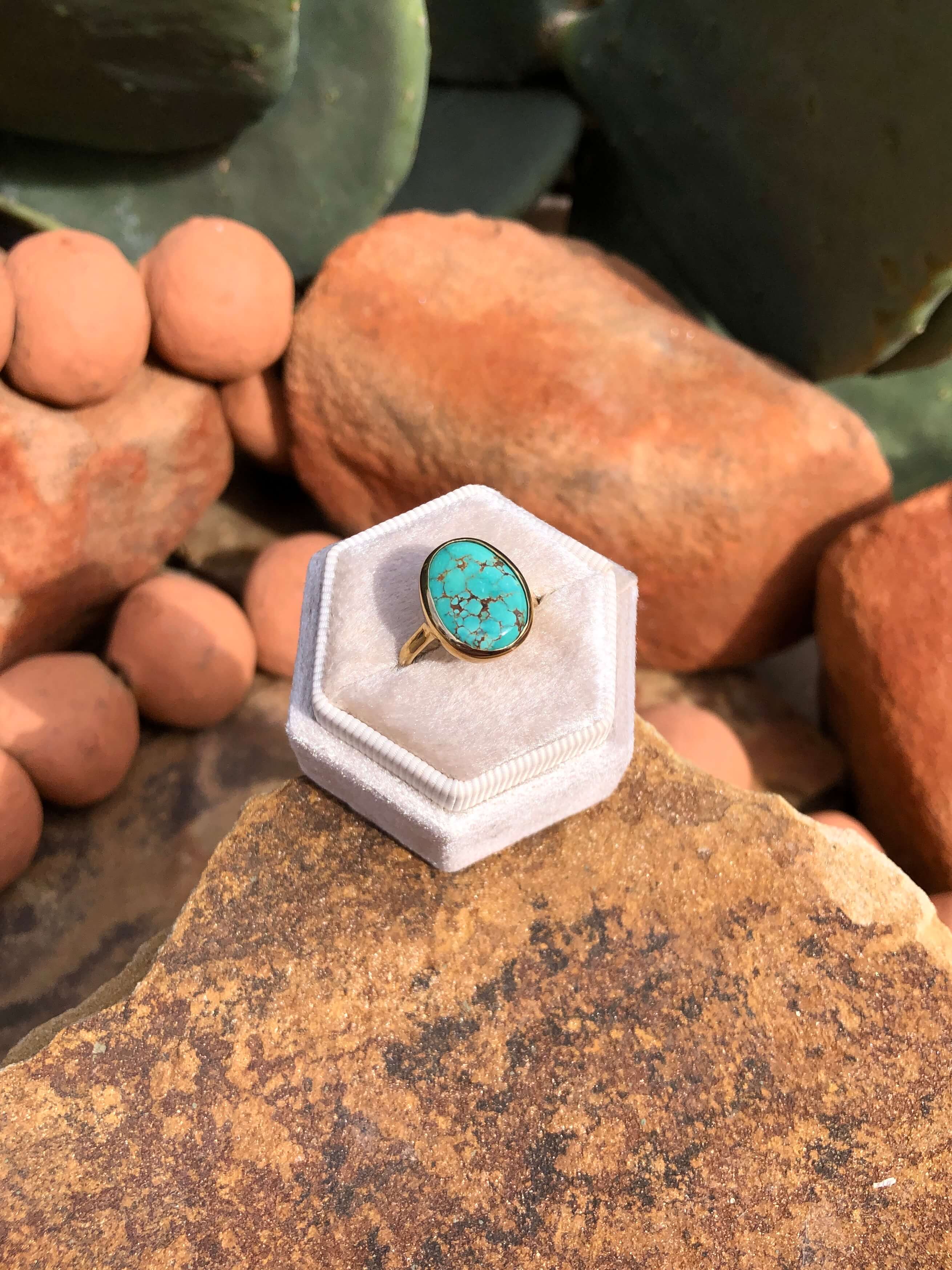 The London 14k and Turquoise Ring 18, Sz 7.5-Rings-Calli Co., Turquoise and Silver Jewelry, Native American Handmade, Zuni Tribe, Navajo Tribe, Brock Texas