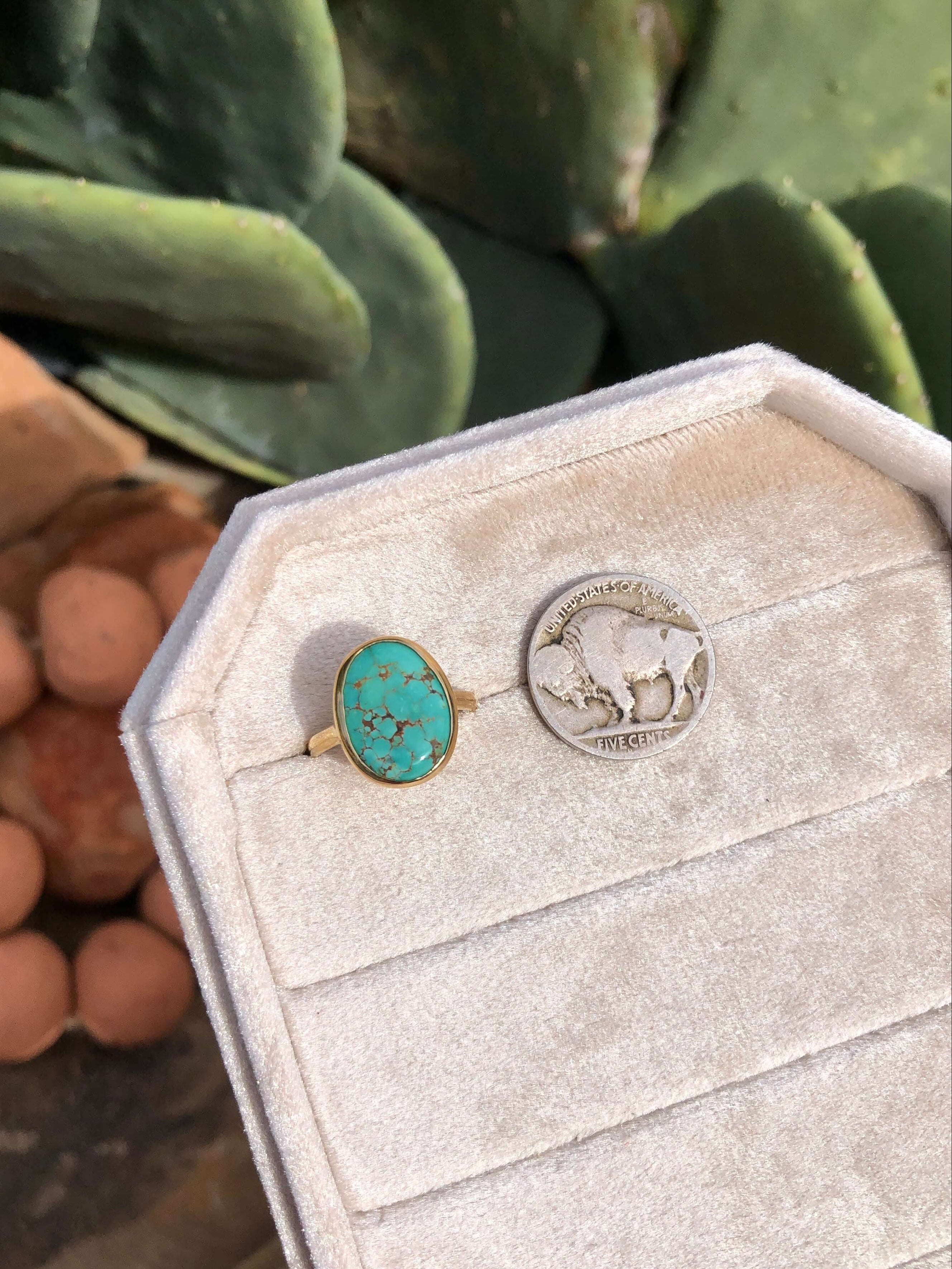 The London 14k and Turquoise Ring 18, Sz 7.5-Rings-Calli Co., Turquoise and Silver Jewelry, Native American Handmade, Zuni Tribe, Navajo Tribe, Brock Texas