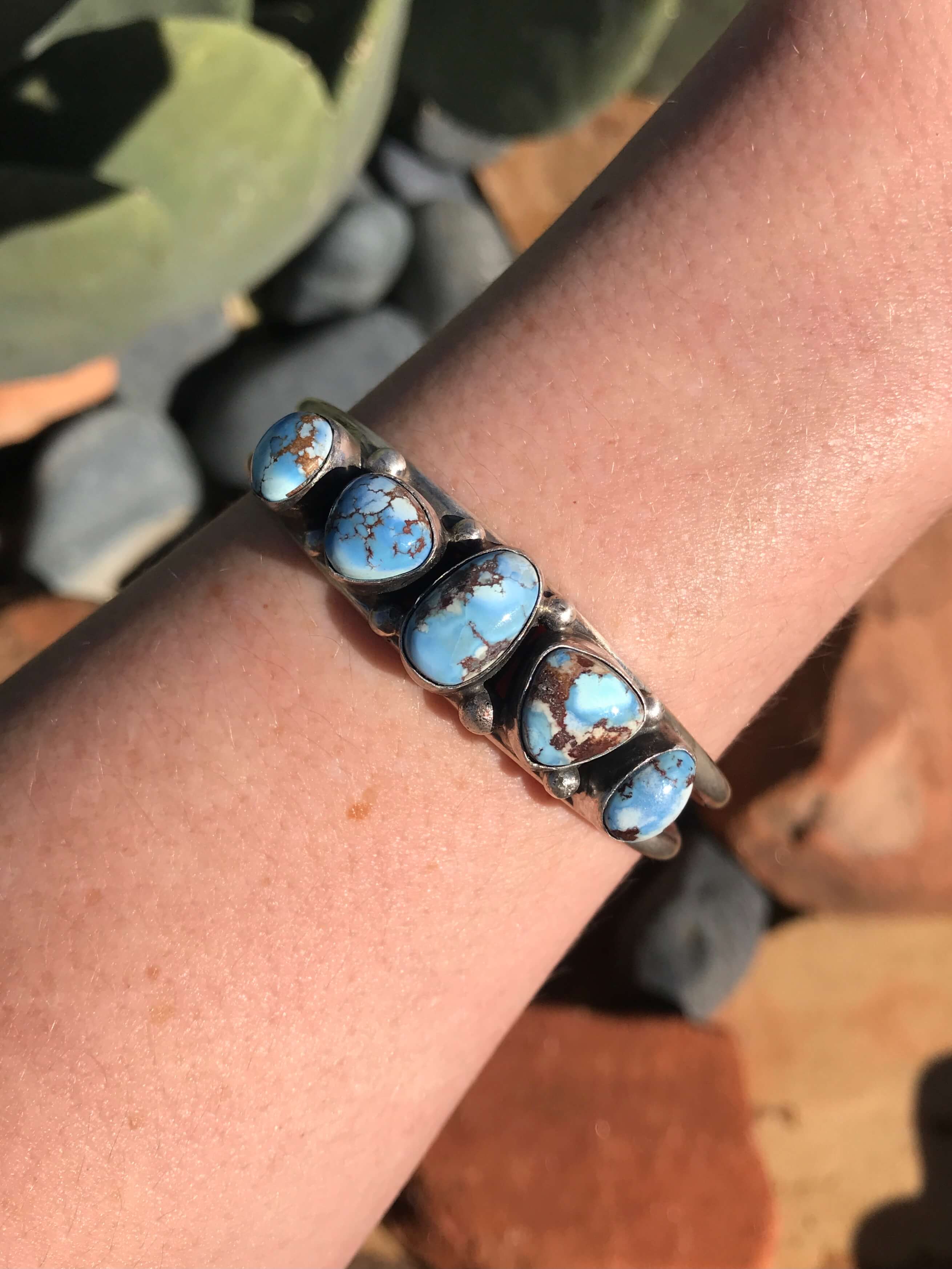 The 5 Stone Turquoise Cuff, 10-Bracelets & Cuffs-Calli Co., Turquoise and Silver Jewelry, Native American Handmade, Zuni Tribe, Navajo Tribe, Brock Texas