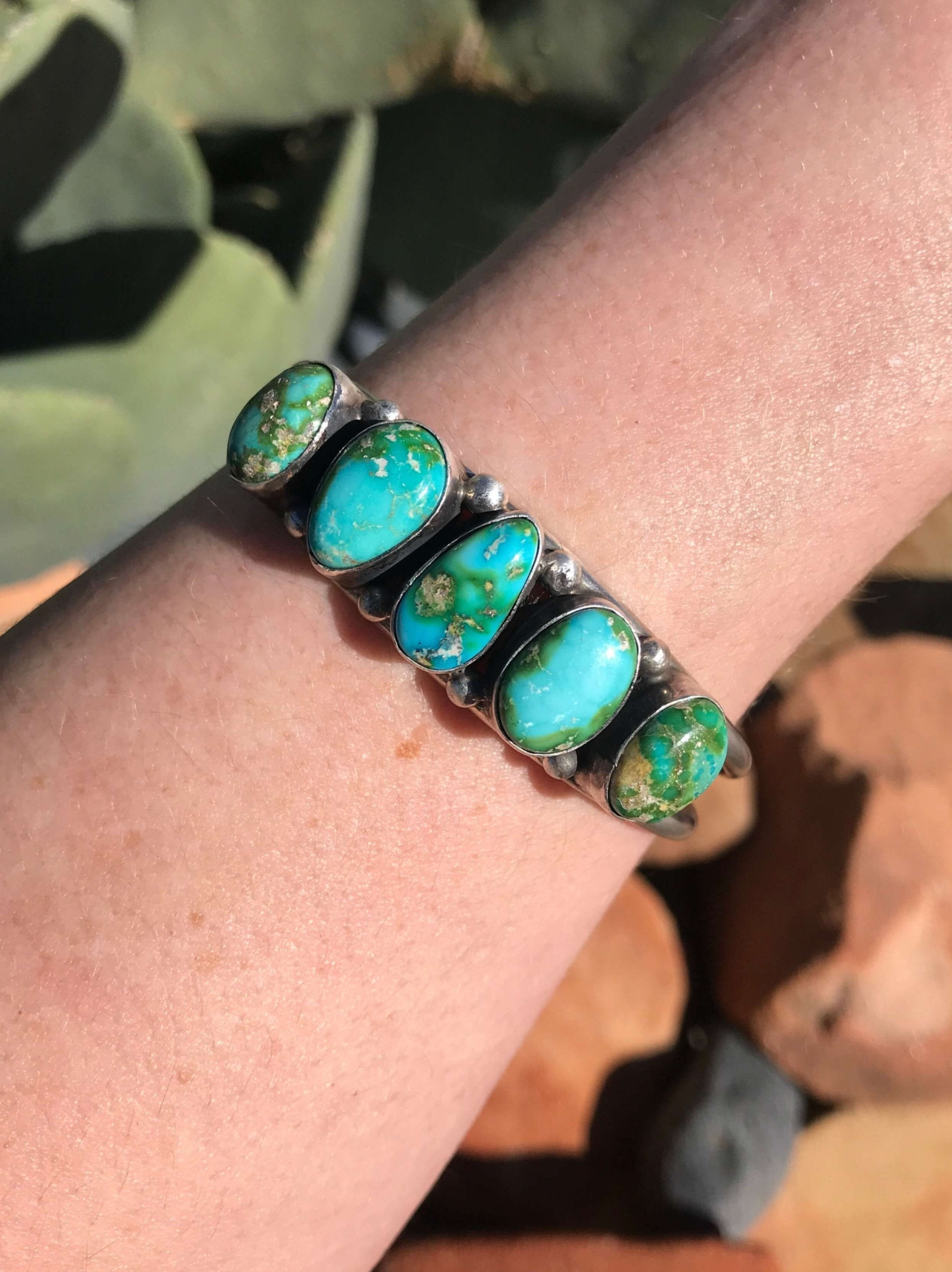 The 5 Stone Turquoise Cuff, 7-Bracelets & Cuffs-Calli Co., Turquoise and Silver Jewelry, Native American Handmade, Zuni Tribe, Navajo Tribe, Brock Texas