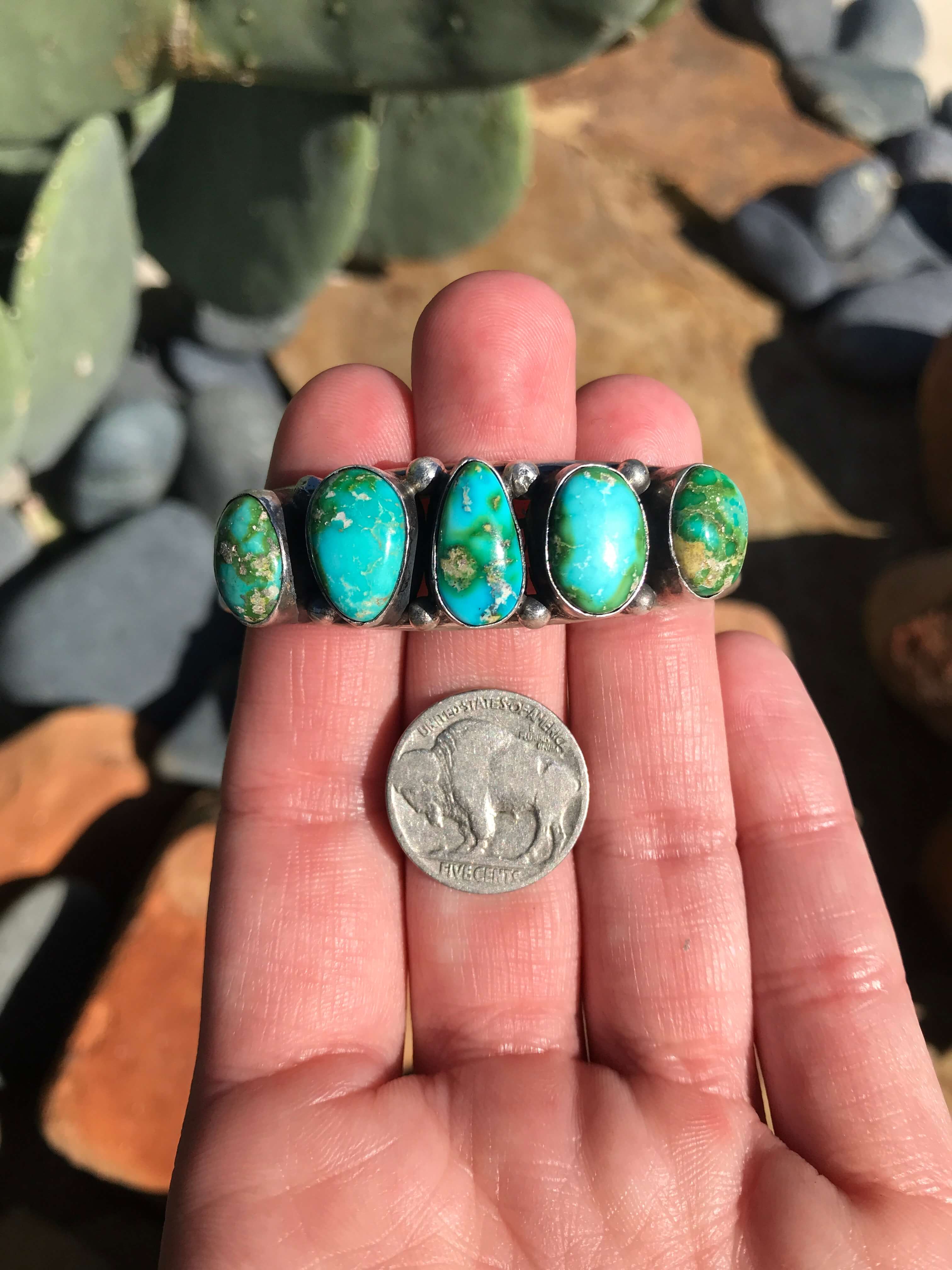 The 5 Stone Turquoise Cuff, 7-Bracelets & Cuffs-Calli Co., Turquoise and Silver Jewelry, Native American Handmade, Zuni Tribe, Navajo Tribe, Brock Texas